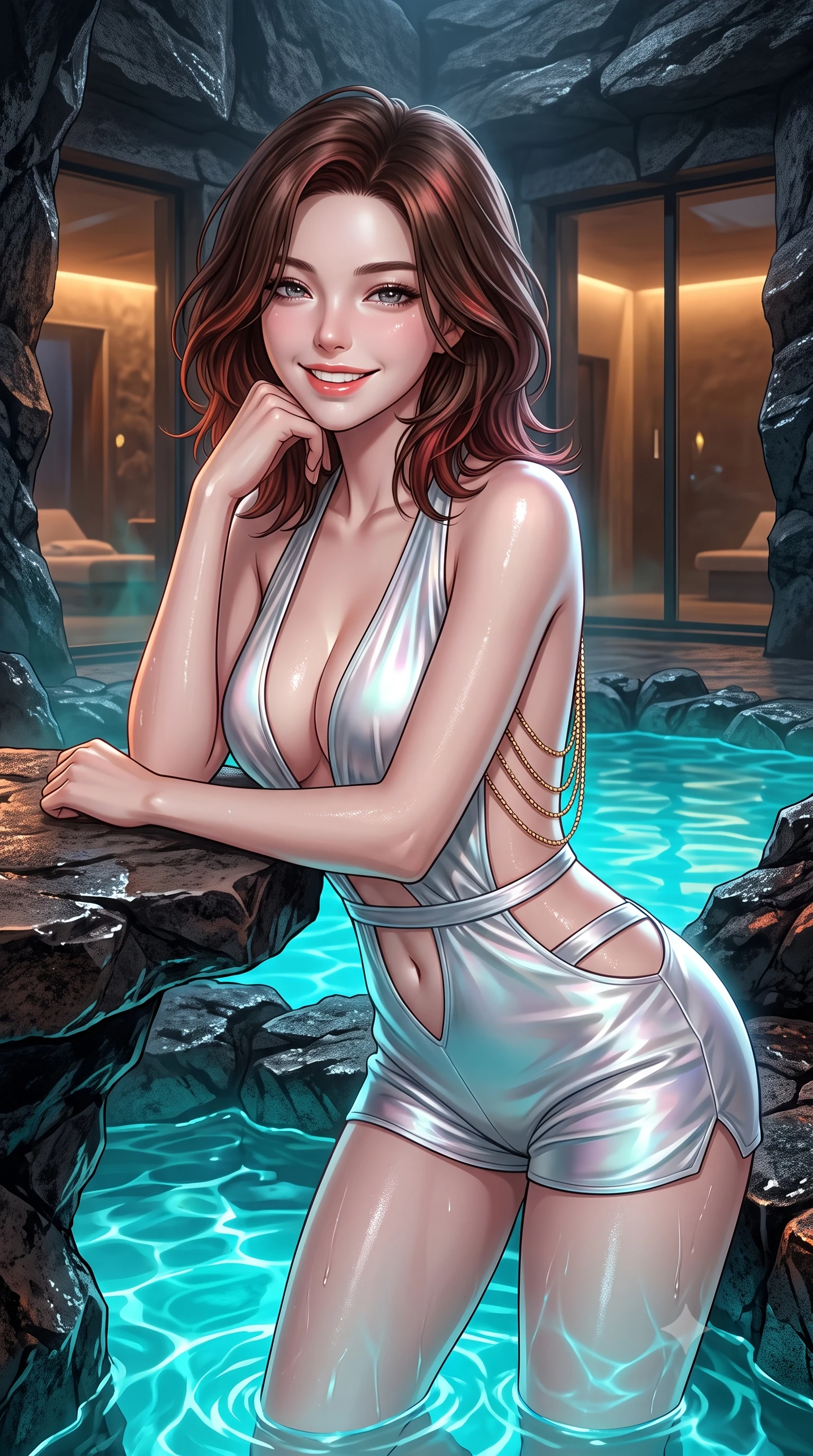 score_9, masterpiece, best quality, ultra-detailed, high-budget anime keyframe, editorial fashion photography, tasteful artistic composition, Korean woman. close-up cowboy shot from the waist and thighs up, the character dominates the composition, filling the frame with her large presence. resting one elbow on the table and supporting her chin, leaning close to the camera with heavy-lidded sparkling eyes and parted lips while twisting her slender torso in an alluring contrapposto stance on the lava rock ledge, glowing cyan water caustics wrapping around her flat midriff and hips. The surrounding environment is rendered in vivid detail and crisp panoramic clarity: detailed garment lines, wet cling or sheer fit, and Icelandic volcanic architecture in razor-sharp precision. She has an exceptionally elegant, slender, and willowy female figure with an ultra-slim waist, flat toned midriff, narrow ribcage, and sculpted feminine hips creating an alluring, slim hourglass silhouette without bulk. sharp v-shaped jawline, high-bridge nose, intricate jewel-like sparkling eyes with depth, thick eyelashes, glossy parted lips with a natural peach sheen, bright cheerful beaming smile with an enchanting and coquettish sensual glint, exuding both youthful cute charm and seductive allure, flawlessly proportioned anatomical accuracy, strict slender model proportions, natural body alignment, perfectly sculpted long slender limbs, ultra-slim waistline, clean dynamic posture without body distortion. wearing a daring low-cut halterneck romper with exposed midriff and strappy hip cutouts in liquid molten silver and iridescent mother-of-pearl, crafted from fluid liquid silk satin that clings smoothly to her narrow waist and rounded hips with a dewy sheen, accented with an open-back drape framed by falling strands of delicate gold chains, the second-skin tailored fabric adhering flawlessly to her sculpted flat midriff and slender torso, emphasizing her long leg lines and perfectly proportioned willowy build. bathed in underwater pool turquoise-cyan LEDs combined with soft warm 2700K interior cove lighting through glass. ultra-reflective glossy finish, specular highlights, rich textural contrasts, high-contrast stereoscopic depth, volumetric dynamic lighting, 2k, ultra detail, master piece, 9:16 ratio