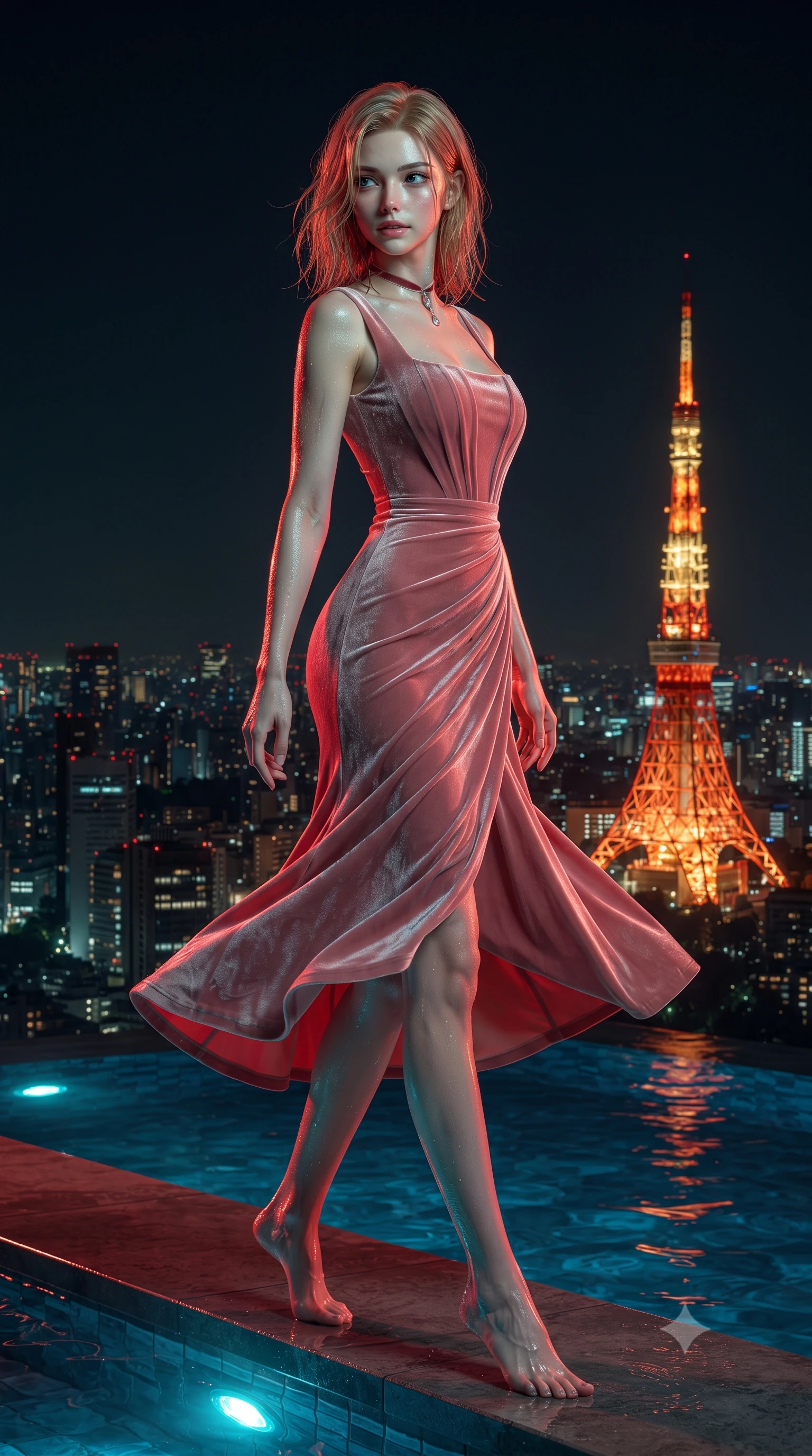score_9, masterpiece, best quality, ultra-detailed, high-budget anime keyframe, editorial fashion photography, tasteful artistic composition, Korean woman. low angle full-body shot from head to toe showing her feet, filling the entire 9:16 vertical frame with her statuesque presence, stretching her vertical silhouette. executing a slow, graceful pivot turn as her skirt sways around her slender legs, glancing back with an enchanting, teasing sensual expression while twisting her slender torso in an alluring contrapposto stance on the submerged pool ledge, glowing neon red and cyan reflections caressing her flat midriff and curves. The surrounding environment is rendered in vivid detail and crisp panoramic clarity: detailed outfit texture, wet cling or bodycon fit, and sky-high penthouse engineering in high resolution. She has an exceptionally tall and slender model-like 8.5-heads proportion, an ultra-slim waist, a flat toned midriff, narrow delicate ribcage, and beautifully sculpted feminine hips creating a graceful, slim hourglass silhouette without any bulky heaviness, with impossibly long slender legs. sharp v-shaped jawline, high-bridge nose, intricate jewel-like sparkling eyes with depth, thick eyelashes, glossy parted lips with a natural peach sheen, bright cheerful beaming smile with an enchanting and coquettish sensual glint, exuding both youthful cute charm and seductive allure, flawlessly proportioned anatomical accuracy, strict slender model proportions, natural body alignment, perfectly sculpted long slender limbs, ultra-slim waistline, clean dynamic posture without body distortion. wearing a classical Habsburg empire-line pleated velvet evening gown with modest square neckline in rose-quartz blush and antique burnished brass, tailored from ultra-plush silk velvet with rich tactile depth and deep shadow gradients, finished with a thin velvet ribbon choker and a single teardrop diamond pendant, the bespoke structured tailoring following the natural line of her 8.5-heads silhouette with refined elegance. bathed in the dynamic warm glow of Tokyo Tower combined with underwater pool sapphire LEDs and warm 2800K deck spotlights. ultra-reflective glossy finish, specular highlights, rich textural contrasts, high-contrast stereoscopic depth, volumetric dynamic lighting, 2k, ultra detail, master piece, 9:16 ratio