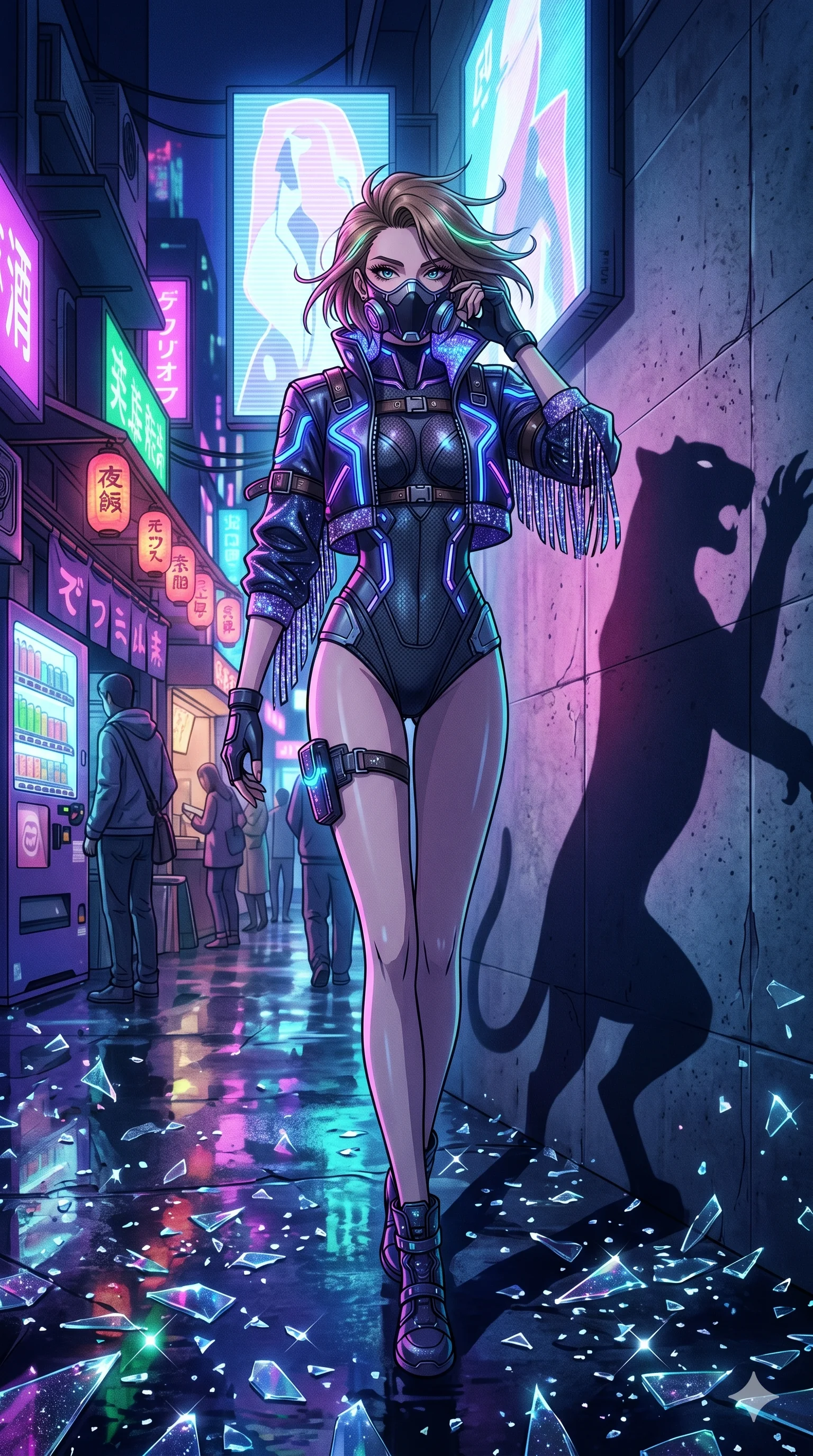 score_9, masterpiece, best quality, ultra-detailed, Set A: High-budget Anime Keyframe, Caucasian (strictly human ears) woman. Low angle cowboy shot filling the entire 9:16 frame with her statuesque presence. Adjusting a mask through a futuristic night market, while her shadow mimics the movements of a predator 175 and surrounded by shattered glass fragments. She has an absolutely perfect 8-heads proportion, an exceptionally tall and slender female figure with impossibly long slender legs and an ultra-slim waist. Sharp v-shaped jawline, high-bridge nose, intricate jewel-like eyes with depth, thick eyelashes, glossy lips with a natural sheen. Wearing Cyberpunk idol stage outfit with glittery fringes, leather straps, and glowing LED accents. Cinematic lighting, vibrant colors, dramatic shadows, 2k, ultra detail, master piece, 9:16 ratio