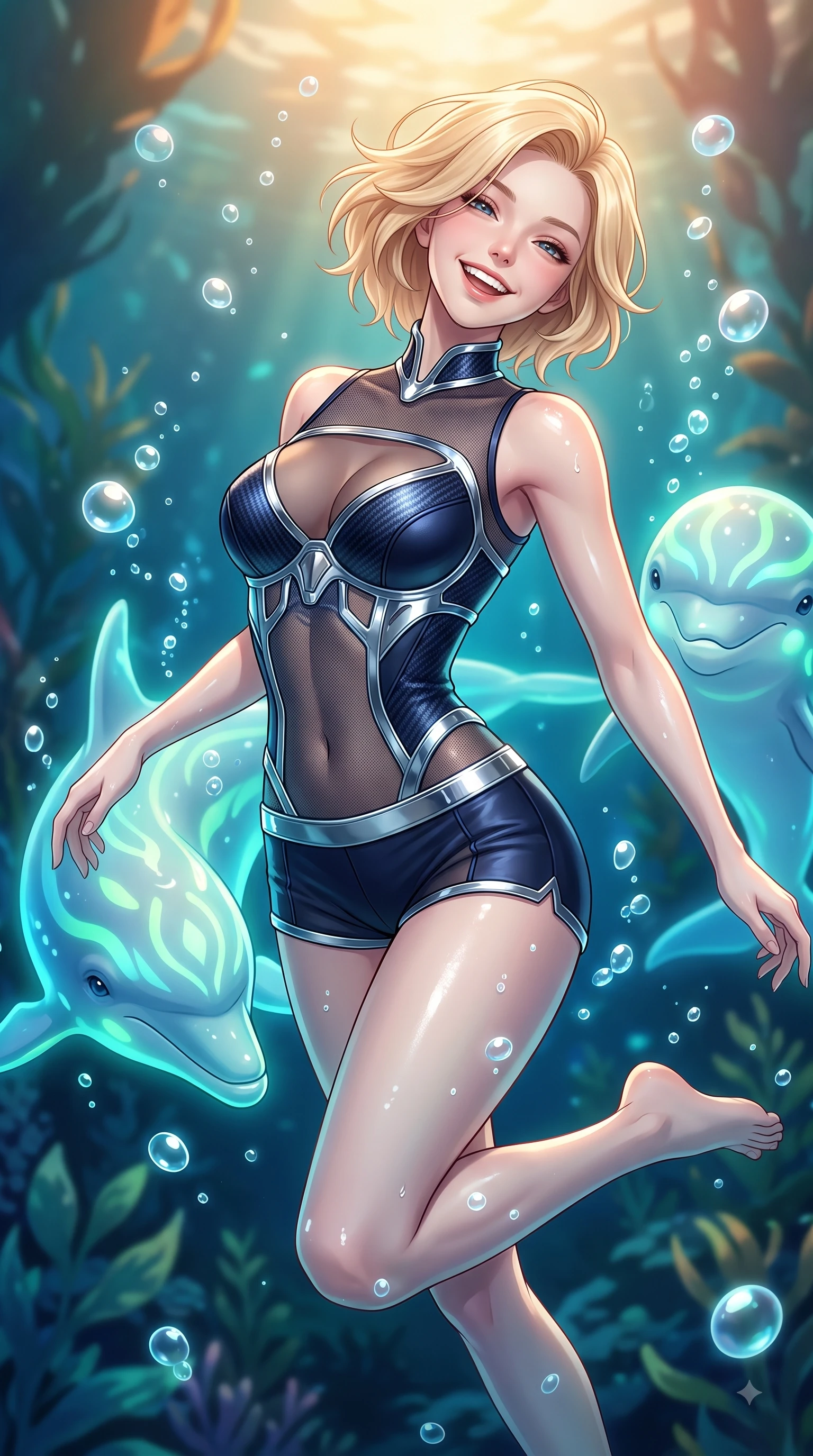 score_9, masterpiece, best quality, ultra-detailed, high-budget anime keyframe, editorial fashion photography, tasteful artistic composition, Caucasian woman. close-up cowboy shot from the waist and thighs up, the character dominates the composition, filling the frame with her large presence, background elements kept in soft focus. Tilting her chin up with a beaming smile of pure delight while balancing dynamically amidst the scene while swimming underwater in a dynamic playful spin alongside friendly bioluminescent dolphins, rising bioluminescent bubbles casting soft pearl-white highlights on her skin. She has an exceptionally elegant, slender, and willowy female figure with an ultra-slim waist, a gracefully sculpted slender torso, and a refined silhouette. sharp v-shaped jawline, high-bridge nose, intricate jewel-like eyes with depth, thick eyelashes, glossy lips with a natural sheen, flawlessly proportioned anatomical accuracy, natural body alignment, perfectly sculpted elegant limbs, clean dynamic posture without body distortion. wearing a chrome-plated structured bodice worn over a sheer mesh top and micro-shorts in midnight navy blue and chrome trim, made of fine carbon-fiber weave and soft matte leather, accented with a Tasteful chest slit framing her clavicle gracefully, the sleek second-skin texture accentuating her magnetic presence. illuminated by cheerful aqua bioluminescence and warm golden top lighting. highly saturated vibrant anime colors, detailed shading with soft gradients, rich glossy textures, high-contrast stereoscopic depth, volumetric dynamic lighting, master piece, 9:16 ratio