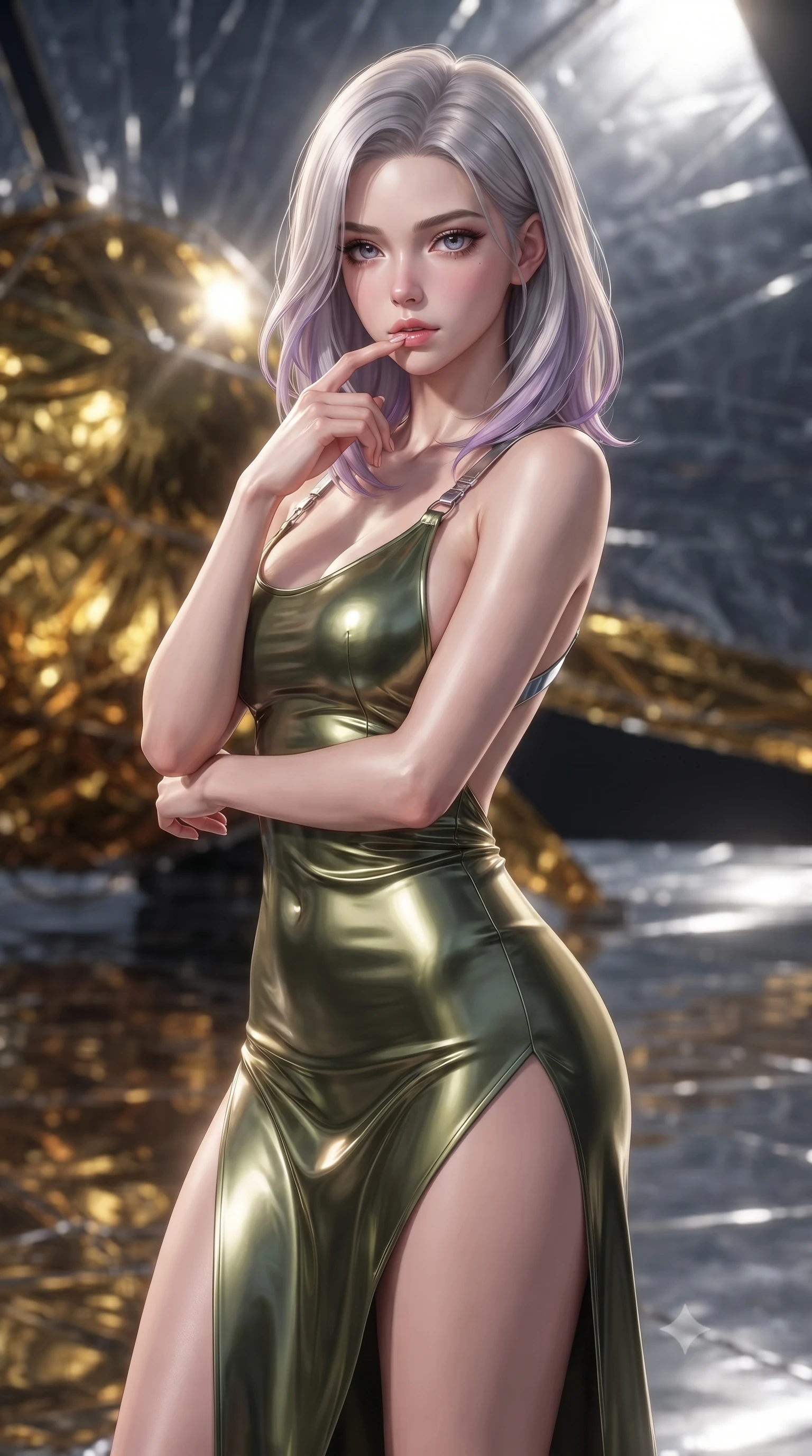 score_9, masterpiece, best quality, ultra-detailed, high-budget anime keyframe, editorial fashion photography, tasteful artistic composition, Caucasian woman. close-up cowboy shot from the waist and thighs up, the character dominates the composition, filling the frame with her large presence, background elements kept in soft focus. pressing one finger to her bottom lip in a thoughtful, composed gesture, locking eyes with the viewer, the background shows a soft-focus the reflective carbon-foil deck of a massive orbital solar-sail ship. She has an exceptionally elegant, slender, and willowy female figure with an ultra-slim waist, a gracefully sculpted slender torso, and a refined silhouette. sharp v-shaped jawline, high-bridge nose, intricate jewel-like eyes with depth, thick eyelashes, glossy lips with a natural sheen. wearing a body-hugging dramatic open-back maxi combat dress in olive green, featuring a high thigh slit and chrome straps. intense solar glare reflecting off gold foil, casting harsh, metallic side-key light. ultra-reflective glossy finish, specular highlights, metallic sheen, high-contrast stereoscopic depth, volumetric dynamic lighting, 2k, ultra detail, master piece, 9:16 ratio