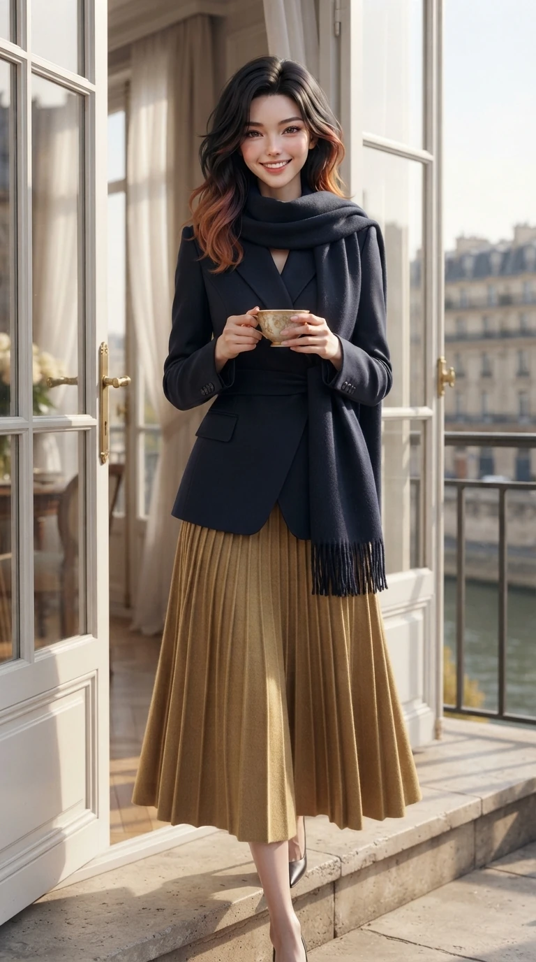 score_9, masterpiece, best quality, ultra-detailed, high-budget anime keyframe, editorial fashion photography, tasteful artistic composition, Korean woman. close-up cowboy shot from the waist and thighs up, the character dominates the composition, filling the frame with her large presence. holding a warm porcelain cup in both hands while tilting her head with an enchanting, beaming smile while stepping out through tall French double doors onto the stone balcony ledge, her belted cashmere coat catching the brisk autumn breeze. The background shows a soft-focus French apartment interior shear curtains softened in intimate Parisian morning shallow focus. She has an exceptionally elegant, slender, and willowy female figure with an ultra-slim waist, flat toned midriff, narrow ribcage, and sculpted feminine hips creating an alluring, slim hourglass silhouette without bulk. sharp v-shaped jawline, high-bridge nose, intricate jewel-like sparkling eyes with depth, thick eyelashes, glossy parted lips with a natural peach sheen, bright cheerful beaming smile with an enchanting and coquettish sensual glint, exuding both youthful cute charm and seductive allure, flawlessly proportioned anatomical accuracy, strict slender model proportions, natural body alignment, perfectly sculpted long slender limbs, ultra-slim waistline, clean dynamic posture without body distortion. wearing an asymmetrical-wrap tailored wool jacket with clean geometric lines paired with a structured pleated maxi skirt in Ginza vintage brass gold and midnight navy, crafted from ultra-soft Mongolian cashmere with exquisite insulating warmth and tactile softness, accented with a wide brushed cashmere fringe scarf draped elegantly over one shoulder, the precision-cut high-waisted tailoring accentuating her ultra-slim waist and long slender leg line with immaculate aristocratic poise. bathed in soft, luminous early morning autumn sunlight reflecting off the Seine river surface and stone facades. ultra-reflective glossy finish, specular highlights, rich textural contrasts, high-contrast stereoscopic depth, volumetric dynamic lighting, 2k, ultra detail, master piece, 9:16 ratio