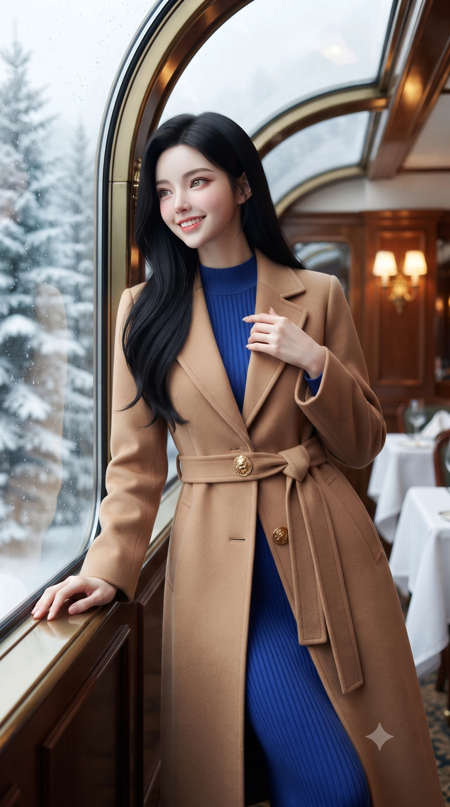 score_9, masterpiece, best quality, ultra-detailed, high-budget anime keyframe, editorial fashion photography, tasteful artistic composition, Korean woman. close-up cowboy shot from the waist and thighs up, the character dominates the composition, filling the frame with her large presence. resting one hand gracefully on her tailored blazer lapel while looking into the camera with bright, sparkling eyes while leaning close to the curved glass window, one hand resting on the sill, gazing with bright sparkling eyes at frosted winter pines. The background shows a soft-focus polished train car interior brass sconces and white linen table settings softened in vintage luxury rail romance shallow focus. She has an exceptionally elegant, slender, and willowy female figure with an ultra-slim waist, flat toned midriff, narrow ribcage, and sculpted feminine hips creating an alluring, slim hourglass silhouette without bulk. sharp v-shaped jawline, high-bridge nose, intricate jewel-like sparkling eyes with depth, thick eyelashes, glossy parted lips with a natural peach sheen, bright cheerful beaming smile with an enchanting and coquettish sensual glint, exuding both youthful cute charm and seductive allure, flawlessly proportioned anatomical accuracy, strict slender model proportions, natural body alignment, perfectly sculpted long slender limbs, ultra-slim waistline, clean dynamic posture without body distortion. wearing a tailored belted cashmere wrap coat in warm camel layered over a fine ribbed knit midi dress in royal sapphire blue and antique brushed bronze, tailored from heavyweight double-faced wool with clean architectural edges, accented with an ornate 24k gold lion-embossed crest button along the front closure, the bespoke architectural tailoring hugging her natural waistline with sartorial precision, creating a clean graceful hourglass silhouette with tall model elegance. bathed in dynamic shifting daylight filtering through curved glass roof panels as the train glides through alpine mountain passes. ultra-reflective glossy finish, specular highlights, rich textural contrasts, high-contrast stereoscopic depth, volumetric dynamic lighting, 2k, ultra detail, master piece, 9:16 ratio