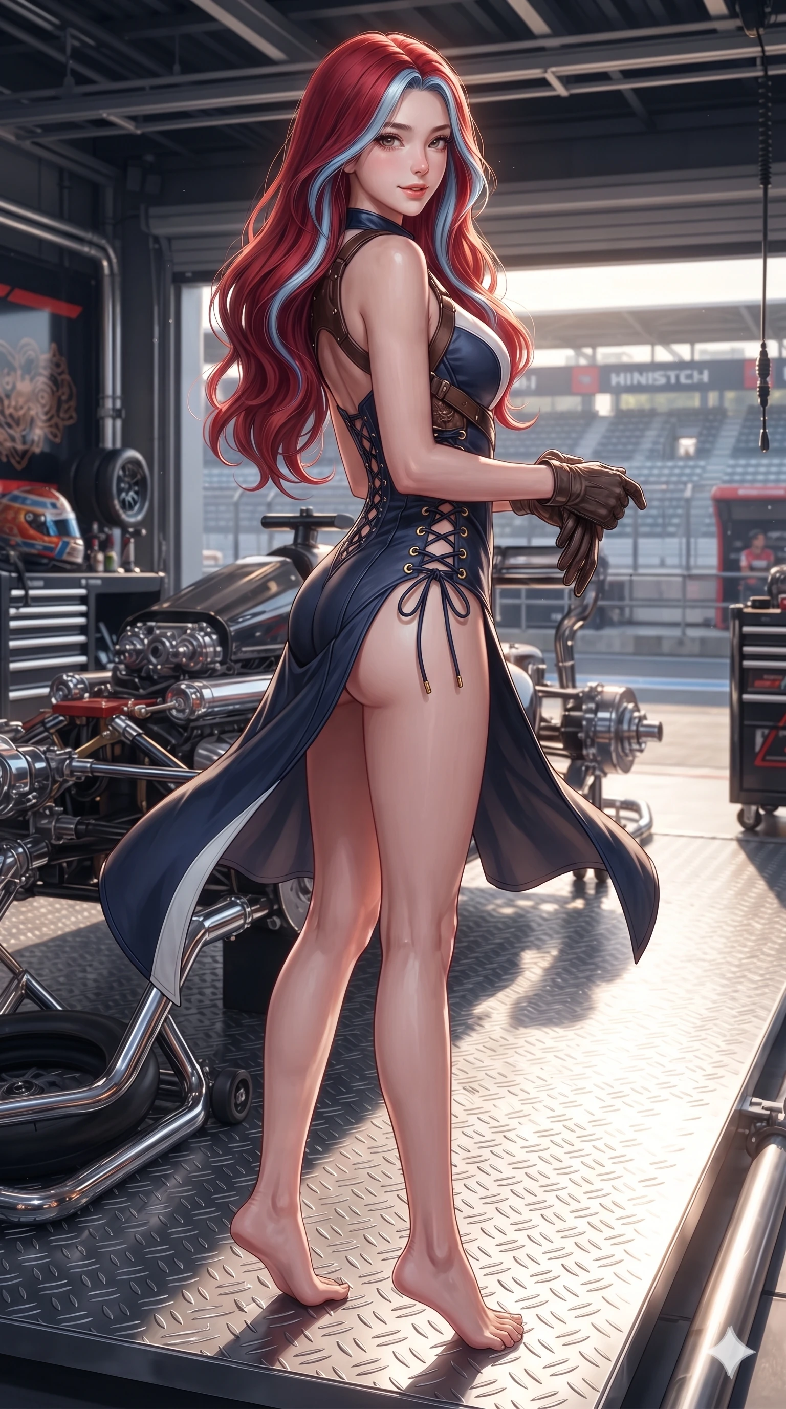 score_9, masterpiece, best quality, ultra-detailed, high-budget anime keyframe, editorial fashion photography, tasteful artistic composition, Caucasian woman. low angle full-body shot from head to toe showing her feet, filling the entire 9:16 vertical frame with her statuesque presence, stretching her vertical silhouette. executing a slow, graceful pivot turn as her wrap skirt sways around her slender legs, glancing back with an enchanting, teasing sensual expression while standing poised on the steel diamond-plate platform, arching her lower back with sovereign supermodel grace while adjusting her leather gloves. The surrounding environment is rendered in vivid detail and crisp panoramic clarity: detailed leatherette corset bodice tailoring, western floral tooling, and high-performance racing setup in razor-sharp precision. She has an absolutely perfect, statuesque 8.5-heads proportion, an exceptionally tall and slender model-like female figure with impossibly long slender legs, an ultra-slim waist, a flat toned midriff, narrow delicate ribcage, and beautifully sculpted feminine hips creating a graceful, slim hourglass silhouette without any bulky heaviness. sharp v-shaped jawline, high-bridge nose, sparkling eyes with hypnotic seductive depth, thick curled eyelashes, glossy parted lips with a natural dewy peach sheen, alluring bedroom-eyes with an enchanting coquettish smile, exuding magnetic siren charisma and sophisticated glamour, flawlessly proportioned anatomical accuracy, strict slender model proportions, natural body alignment, perfectly sculpted long slender limbs, ultra-slim waistline, clean dynamic posture without body distortion. wearing a low-slung cutaway leather biker bodysuit with bare hip flanks and criss-cross leather cord ties in French Riviera navy and optic white with gold grommets, crafted from rugged heavy-duty canvas and oiled leather with authentic desert durability, accented with a holster-style leather body harness framing her collarbones and lower spine, the liquid-tight tailored fabric clinging flawlessly to her narrow waist and rounded feminine hips, emphasizing every millimeter of her sculpted slim hourglass curves without any bulky heaviness. bathed in late-afternoon angled sunbeams cutting across the steel platform with crisp specular reflections on chrome and skin. ultra-reflective glossy finish, specular highlights, rich textural contrasts, high-contrast stereoscopic depth, volumetric dynamic lighting, 2k, ultra detail, master piece, 9:16 ratio