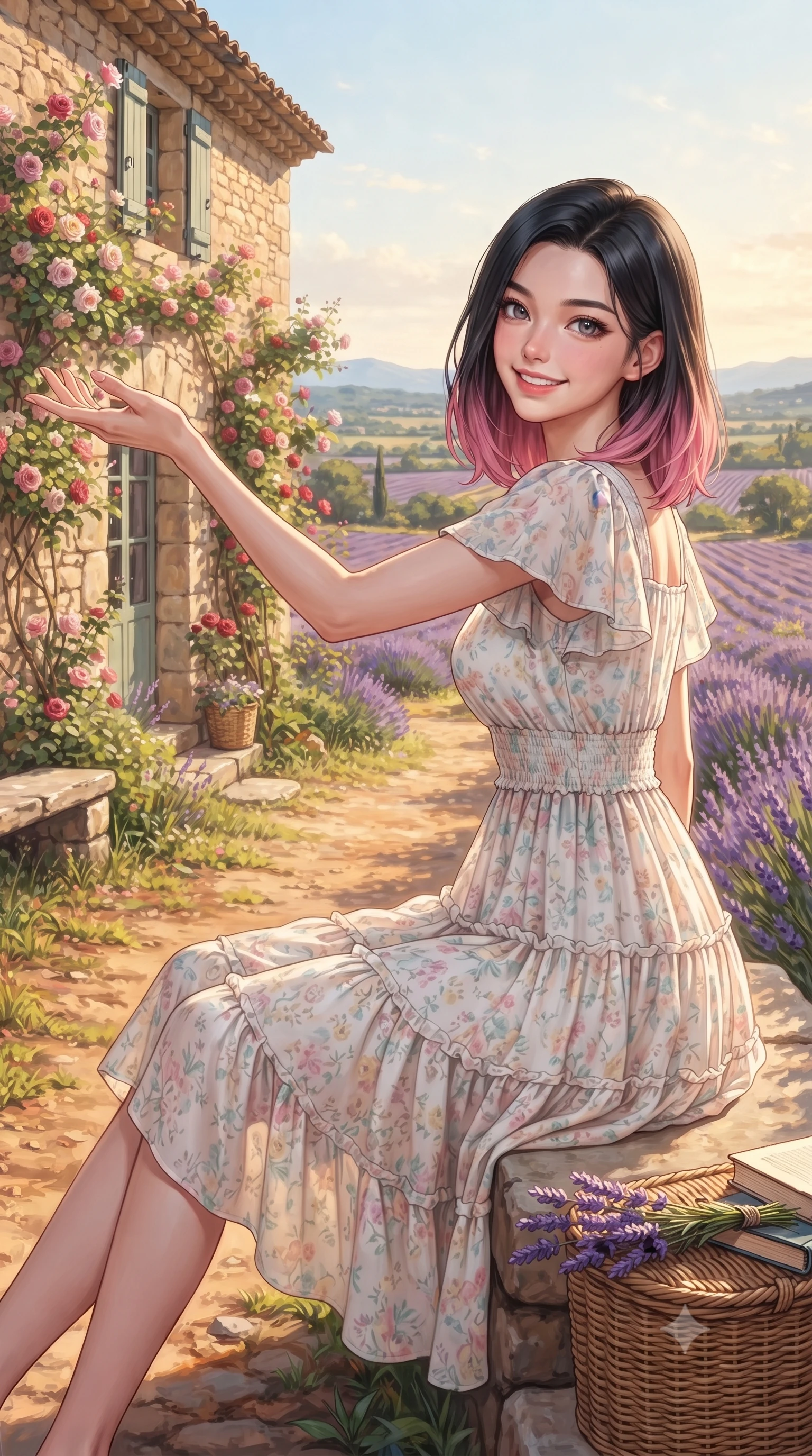 score_9, masterpiece, best quality, ultra-detailed, high-budget anime keyframe, editorial fashion photography, tasteful artistic composition, Korean woman. close-up cowboy shot from the waist and thighs up, the character dominates the composition, filling the frame with her large presence. extending one arm gracefully toward the scenery while turning back with an infectious, heartwarming smile while sitting beside a charming historic French stone cottage covered in climbing roses, smiling warmly at the camera. The surrounding environment is rendered in vivid detail and crisp panoramic clarity. textured wicker basket weaves, sun-warmed earth pathways, and picturesque Provençal landscapes in panoramic clarity. She has an exceptionally elegant, slender, and willowy female figure with an ultra-slim waist, a gracefully sculpted slender torso, toned flat midriff, and a refined slim silhouette. sharp v-shaped jawline, high-bridge nose, intricate jewel-like eyes with depth, thick eyelashes, glossy lips with a natural sheen, pure and lovely fresh girlhood expression, flawlessly proportioned anatomical accuracy, strict slender model proportions, natural body alignment, perfectly sculpted long slender limbs, ultra-slim waistline, clean dynamic posture without body distortion. wearing a breezy tiered chiffon sundress with delicate floral print and short flutter sleeves in fresh alpine white with subtle pastel floral accents, tailored from soft pastel lightweight wool blend with subtle texture, accented with soft smocked elastic details and ruffled cuff trims, the tailored casual silhouette highlighting her fresh and youthful presence and perfectly proportioned slender frame. surrounded by a romantic, sweet, and wonderfully heartwarming cottagecore girlhood aura. ultra-reflective glossy finish, specular highlights, rich natural textures, high-contrast stereoscopic depth, volumetric dynamic lighting, 2k, ultra detail, master piece, 9:16 ratio