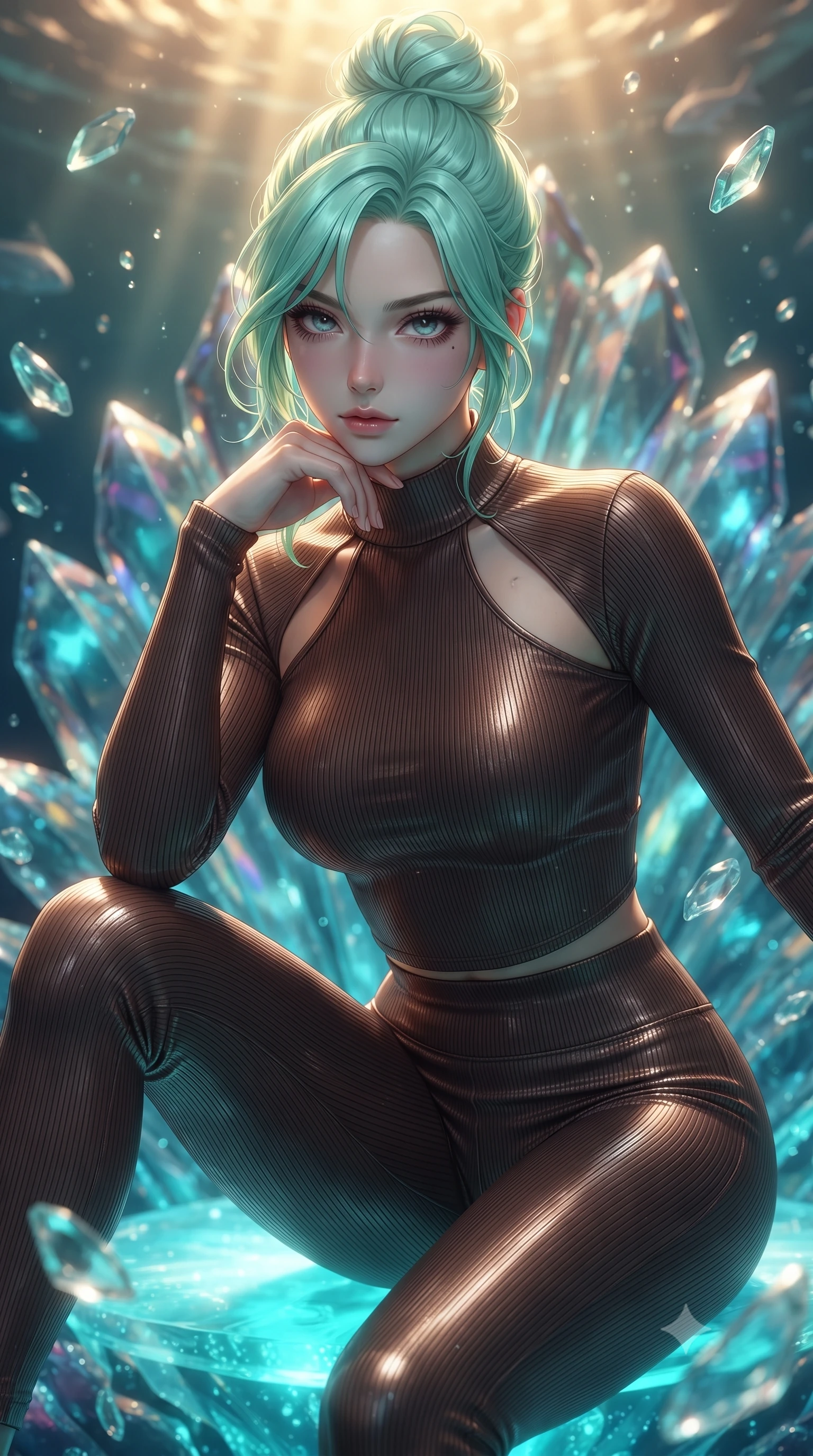 score_9, masterpiece, best quality, ultra-detailed, high-budget anime keyframe, editorial fashion photography, tasteful artistic composition, Japanese woman. close-up cowboy shot from the waist and thighs up, the character dominates the composition, filling the frame with her large presence, background elements kept in soft focus. Resting her chin on the backs of her fingers, casting a sharp, mysterious gaze poised on an abyssal prism shell throne bathed in sunlit ocean rays, translucent sea glass fragments drifting gracefully around her. She has an exceptionally elegant, slender, and willowy female figure with an ultra-slim waist, a gracefully sculpted slender torso, and a refined silhouette. sharp v-shaped jawline, high-bridge nose, intricate jewel-like eyes with depth, thick eyelashes, glossy lips with a natural sheen. wearing a form-fitting ribbed activewear set in espresso brown with elegant collar cutouts, the tailored fabric tightly following every curve of her athletic build. illuminated by luminous aqua bioluminescence and warm golden top lighting. ultra-reflective glossy finish, specular highlights, metallic sheen, high-contrast stereoscopic depth, volumetric dynamic lighting, 2k, ultra detail, master piece, 9:16 ratio