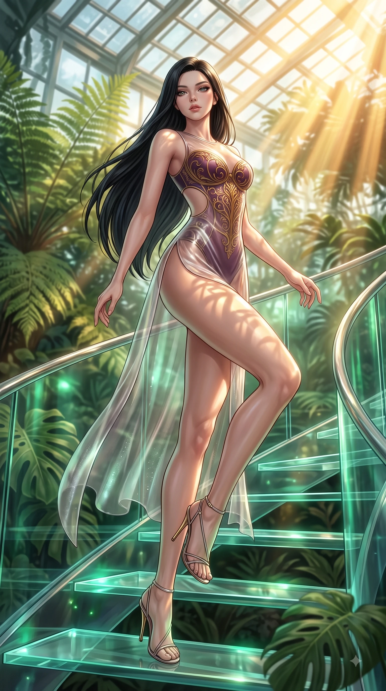 score_9, masterpiece, best quality, ultra-detailed, high-budget anime keyframe, editorial fashion photography, tasteful artistic composition, Korean woman. low angle full-body shot from head to toe showing her feet, filling the entire 9:16 vertical frame with her statuesque presence, stretching her vertical silhouette. performing an athletic mid-air rotation with flawless poise, her vertical silhouette beautifully stretched while ascending a vertical glass spiral staircase enveloped by tropical volumetric sunbeams, intense volumetric sunbeams filtering through the glass ceiling, creating stencil shadows. She has an absolutely perfect, statuesque 8.5-heads proportion, an exceptionally tall and slender model-like female figure with impossibly long slender legs and an ultra-slim waist. sharp v-shaped jawline, high-bridge nose, intricate jewel-like eyes with depth, thick eyelashes, glossy lips with a natural sheen, flawlessly proportioned anatomical accuracy, natural body alignment, perfectly sculpted elegant limbs, clean dynamic posture without body distortion. wearing a semi-opaque sheer overlay dress over a leather micro-bodysuit in plum purple and gold filigree, crafted from smooth liquid silk, featuring clean architectural cutouts along her slender torso, the form-contouring material highlighting her ultra-slim waist and long lines. bathed in warm golden sunlight and soft emerald bioluminescent glow. ultra-reflective glossy finish, specular highlights, metallic sheen, high-contrast stereoscopic depth, volumetric dynamic lighting, 2k, ultra detail, master piece, 9:16 ratio