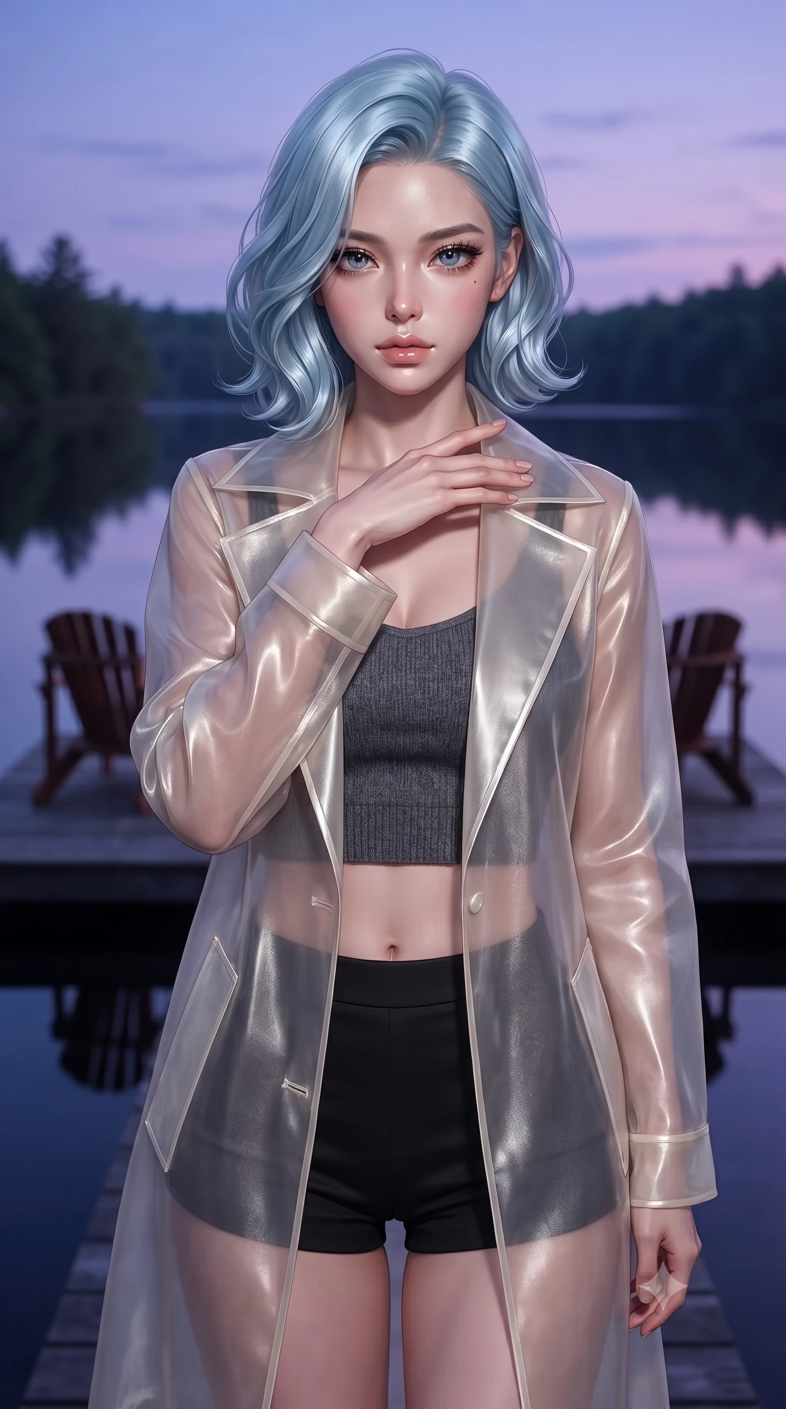 score_9, masterpiece, best quality, ultra-detailed, high-budget anime keyframe, editorial fashion photography, tasteful artistic composition, Korean woman woman. close-up cowboy shot from the waist and thighs up, the character dominates the composition, filling the frame with her large presence, background elements kept in soft focus. standing with one hand resting on her collarbone, looking at the viewer with bedroom-eyes the background shows a soft-focus a simple dark wood deck extending over a calm forest lake, with two chairs. She has an exceptionally elegant, slender, and willowy female figure with an ultra-slim waist, a gracefully sculpted slender torso, and a refined silhouette. sharp v-shaped jawline, high-bridge nose, intricate jewel-like eyes with depth, thick eyelashes, glossy lips with a natural sheen. wearing a slim-fit sheer organza long coat in ivory, worn over a crop top and micro-shorts. the serene purple and blue hues of twilight reflecting on the still water. ultra-reflective glossy finish, specular highlights, metallic sheen, high-contrast stereoscopic depth, volumetric dynamic lighting, 2k, ultra detail, master piece, 9:16 ratio