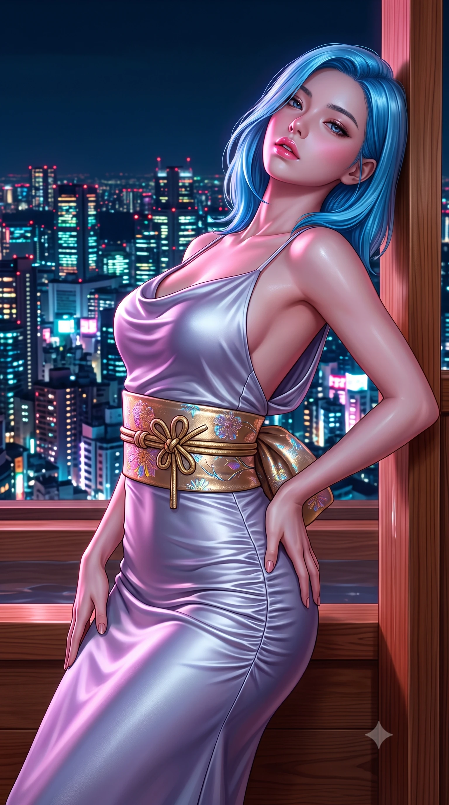 score_9, masterpiece, best quality, ultra-detailed, high-budget anime keyframe, semi-realistic 3D game render, editorial fashion photography, tasteful artistic composition, Korean woman. close-up cowboy shot from the waist and thighs up, the character dominates the composition, filling the frame with her large presence. arching her spine backward with effortless dancer poise, one hand sliding along her hip line as directional light carves specular highlights along her silhouette while leaning back against a cedar bath partition overlooking glowing Tokyo skyscrapers, parted glossy lips reflecting pink neon lights. The surrounding environment is rendered in vivid detail and crisp panoramic clarity. atmospheric nocturnal thermal chiaroscuro and private mountain-view skylounge luxury in precision. She has an exceptionally elegant, slender, and willowy female figure with an ultra-slim waist, a gracefully sculpted slender torso, toned flat midriff, and rounded feminine hips creating an alluring hourglass silhouette. sharp v-shaped jawline, high-bridge nose, intricate jewel-like eyes with depth, thick eyelashes, glossy parted lips with a natural sheen, intensely captivating and seductive bedroom-eyes expression, flawlessly proportioned anatomical accuracy, strict slender model proportions, natural body alignment, perfectly sculpted long slender limbs, ultra-slim waistline, clean dynamic posture without body distortion. wearing a form-contouring liquid satin slip dress with a deep cowl back and hip-defining ruching in moonlit silver and lavender mist, tailored from crisp ceremonial cotton and multi-layered translucent chiffon, complemented by a wide metallic gold obi sash with holographic floral embroidery, the liquid-tight tailored fabric clinging flawlessly to her narrow waist and rounded feminine hips, emphasizing every millimeter of her sculpted hourglass curves during movement. illuminated by wet specular reflections accentuating her sculpted collarbones, narrow waist, and curvy hips. highly saturated vibrant anime colors, detailed shading with soft gradients, rich glossy textures, high-contrast stereoscopic depth, volumetric dynamic lighting, master piece, 9:16 ratio