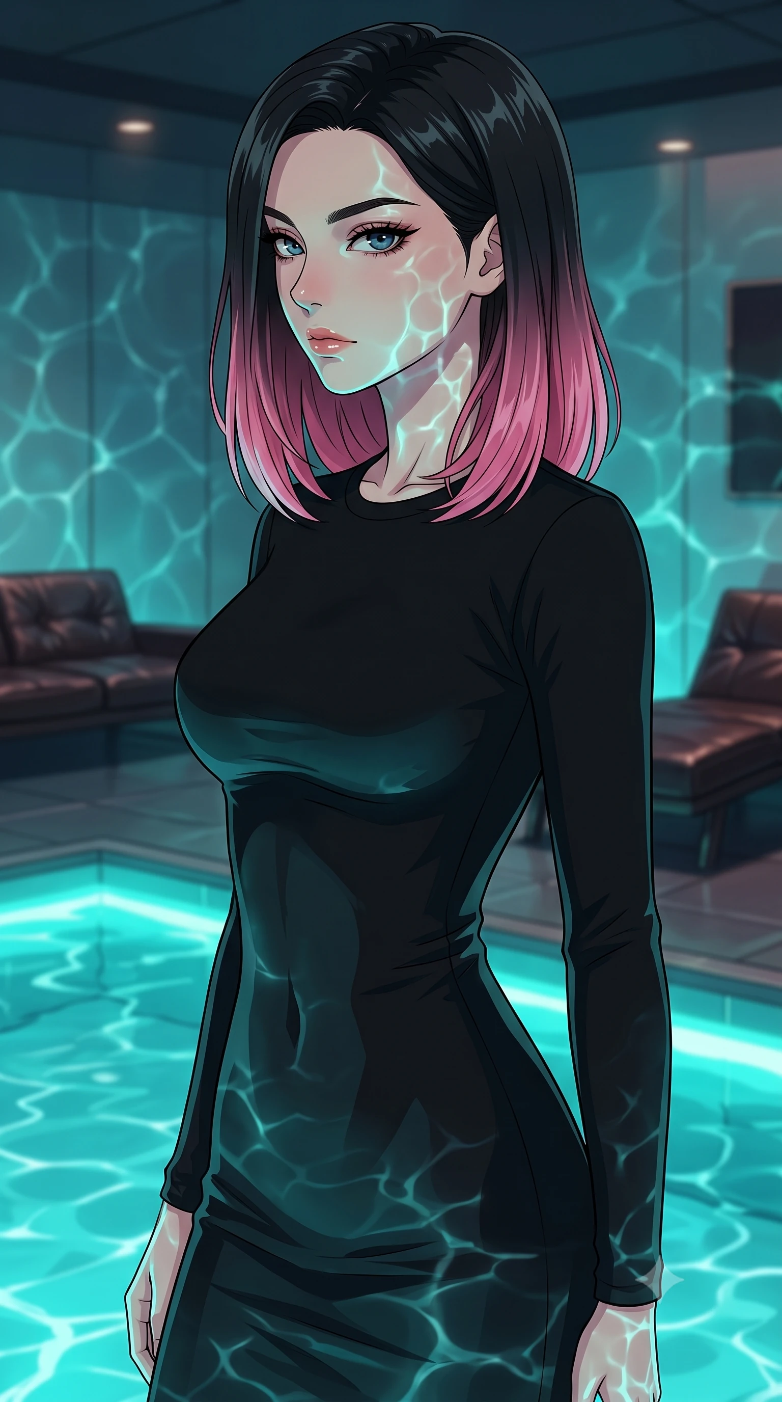 score_9, masterpiece, best quality, ultra-detailed, high-budget anime keyframe, tasteful artistic composition, Korean woman. close-up cowboy shot from the waist and thighs up, the character dominates the composition, filling the frame with her large presence, background elements kept in soft focus. turning her face in sharp profile, casting a cold, mysterious, yet intensely alluring side gaze, the background shows a soft-focus a retro-cyber pool room with glowing turquoise water and dark leather lounges. She has an exceptionally elegant, slender, and willowy female figure with an ultra-slim waist, a gracefully sculpted slender torso, and a refined silhouette. sharp v-shaped jawline, high-bridge nose, intricate jewel-like eyes with depth, thick eyelashes, glossy lips with a natural sheen. wearing a form-contouring form-fitting black bodycon dress in structured crepe fabric with a simple crew neck. rippling water reflections mapping across her features from below. highly saturated vibrant anime colors, cel-shading, 2d style, master piece, 9:16 ratio