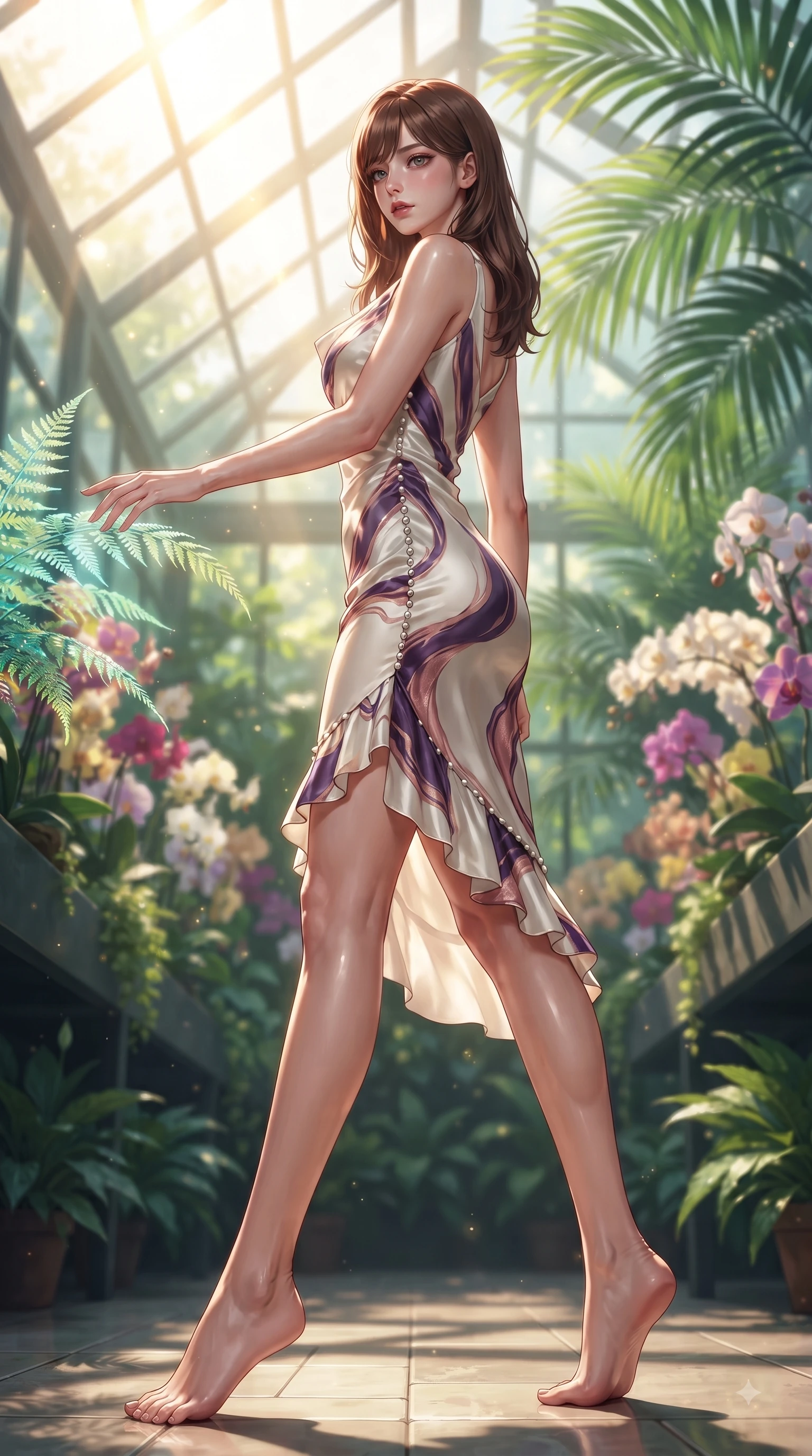 score_9, masterpiece, best quality, ultra-detailed, high-budget anime keyframe, editorial fashion photography, tasteful artistic composition, Korean woman. low angle full-body shot from head to toe showing her feet, filling the entire 9:16 vertical frame with her statuesque presence, stretching her vertical silhouette. Subtle lingering regret in her eyes, looking back over her shoulder with an emotional, reluctant glance while reaching out elegantly to touch a bioluminescent fern leaf under streaming sunbeams. The composition keeps background elements in soft focus with dreamy bokeh. exotic orchids and tropical palm leaves blurred into a dreamy emerald and jade background bokeh. She has an absolutely perfect, statuesque 8.5-heads proportion, an exceptionally tall and slender model-like female figure with impossibly long slender legs and an ultra-slim waist. sharp v-shaped jawline, high-bridge nose, intricate jewel-like eyes with depth, thick eyelashes, glossy lips with a natural sheen, flawlessly proportioned anatomical accuracy, natural body alignment, perfectly sculpted elegant limbs, clean dynamic posture without body distortion. wearing an elegant ivory silk cowl-neck dress with fluid draped lines in deep amethyst purple and rose gold, tailored from crisp high-density cotton poplin, accented with delicate pearl buttons and refined ruffle trims, the sleek second-skin fit accentuating her magnetic presence. bathed in bright golden sunbeams streaming through glasshouse panes. ultra-reflective glossy finish, specular highlights, metallic sheen, high-contrast stereoscopic depth, volumetric dynamic lighting, 2k, ultra detail, master piece, 9:16 ratio