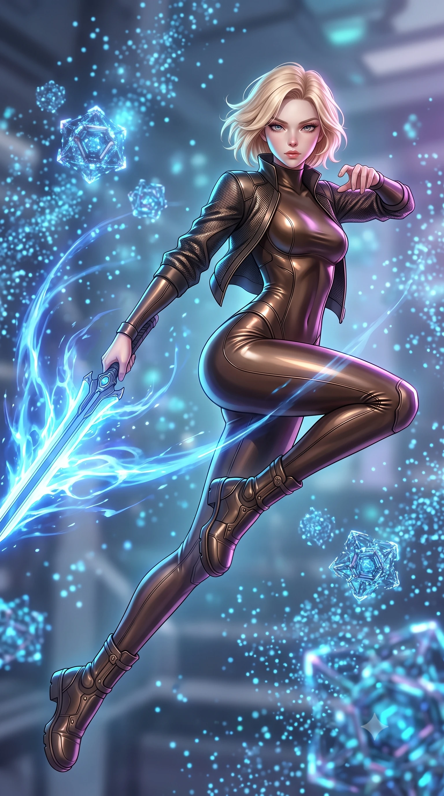 score_9, masterpiece, best quality, ultra-detailed, high-budget anime keyframe, editorial fashion photography, tasteful artistic composition, Caucasian woman. low angle full-body shot from head to toe showing her feet, filling the entire 9:16 vertical frame with her statuesque presence, stretching her vertical silhouette. leaping forward while slashing with a twin-bladed plasma sword in mid-air, her body-contouring suit showing her athletic silhouette, the background shows a soft-focus a nanite assembly chamber filled with floating, shimmering blue particle clouds. She has an absolutely perfect, statuesque 8.5-heads proportion, an exceptionally tall and slender model-like female figure with impossibly long slender legs and an ultra-slim waist. sharp v-shaped jawline, high-bridge nose, intricate jewel-like eyes with depth, thick eyelashes, glossy lips with a natural sheen. wearing a slim-fit form-fitting high-neck bodysuit in dark bronze, worn under a tailored open carbon-mesh tactical jacket. shimmering nanite clouds casting a soft cyan glow on her refined features. highly saturated vibrant anime colors, detailed shading with soft gradients, rich glossy textures, high-contrast stereoscopic depth, volumetric dynamic lighting, master piece, 9:16 ratio