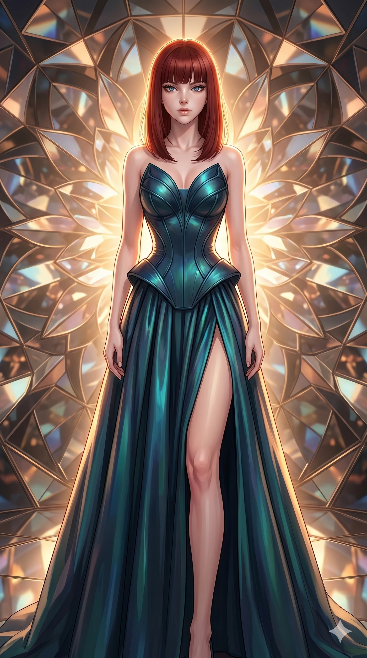 score_9, masterpiece, best quality, ultra-detailed, high-budget anime keyframe, editorial fashion photography, tasteful artistic composition, Caucasian woman, strictly human ears. cowboy shot from the thighs up, character and outfit filling the frame for maximum editorial presence. Gazing past the camera with an air of effortless superiority within a rotating kaleidoscope chamber where mirrored petals form endlessly shifting mandalas. She has an absolutely perfect 8-heads proportion, an exceptionally tall and slender female figure with impossibly long slender legs and an ultra-slim waist. V-shaped jawline, high-bridge nose, intricate jewel-like eyes with depth, thick eyelashes, glossy lips with a natural sheen. wearing an architectural waist-cinching sculptural gown in iridescent dark teal with an elaborate structured bodice, a dramatically nipped waist, and a full floor-length skirt with bold side slit. under warm golden hour backlighting creating a luminous radiant halo around her silhouette. 2k, ultra detail, master piece, 9:16 ratio