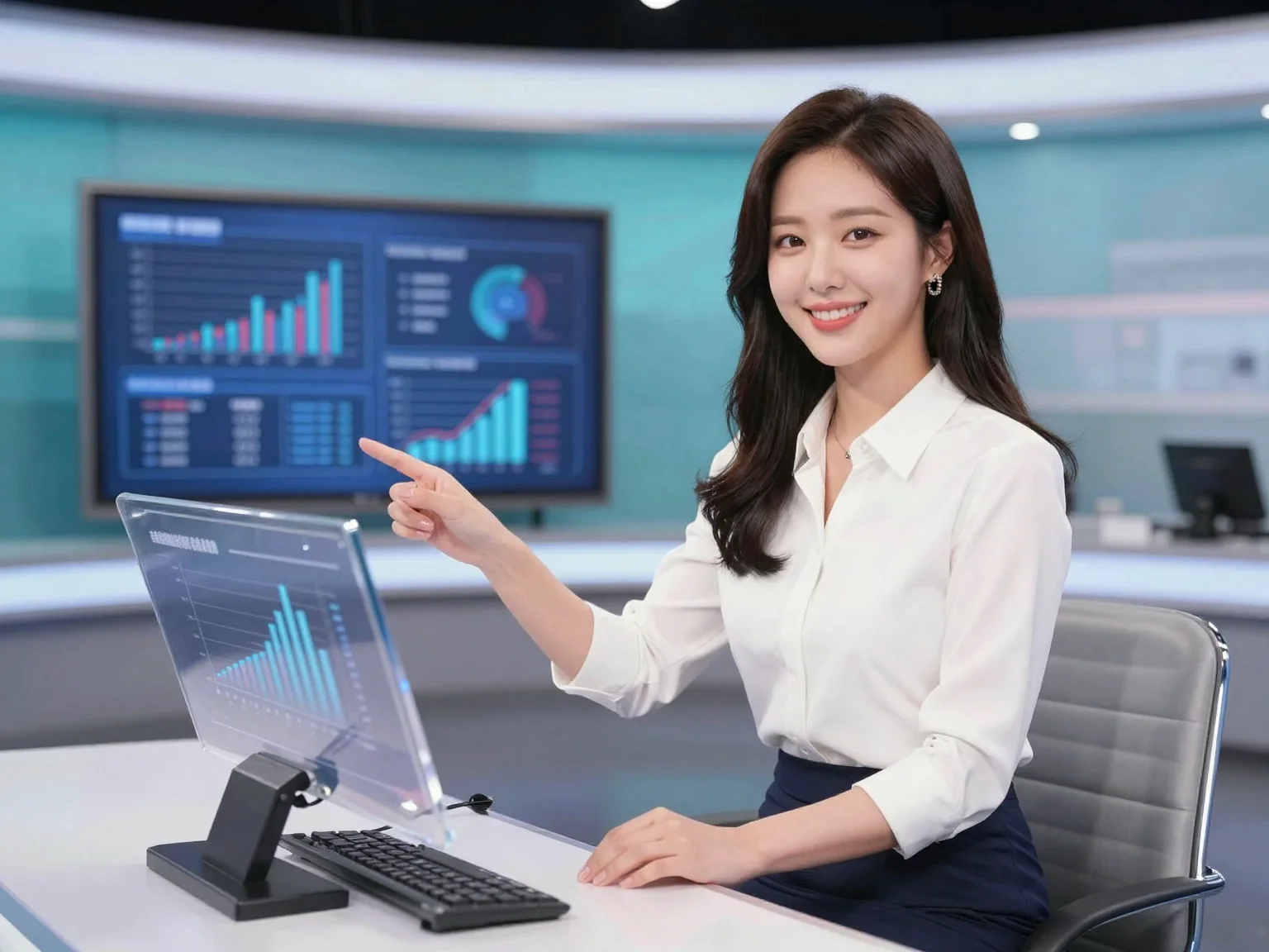 A charismatic Korean idol-style female news anchor in her mid-20s with long dark wavy hair and a friendly smile, sitting at a sleek news desk. She wears a white blouse and navy skirt, reading economic charts on a transparent screen, with bright and professional lighting and mint and gray accents in the studio.
