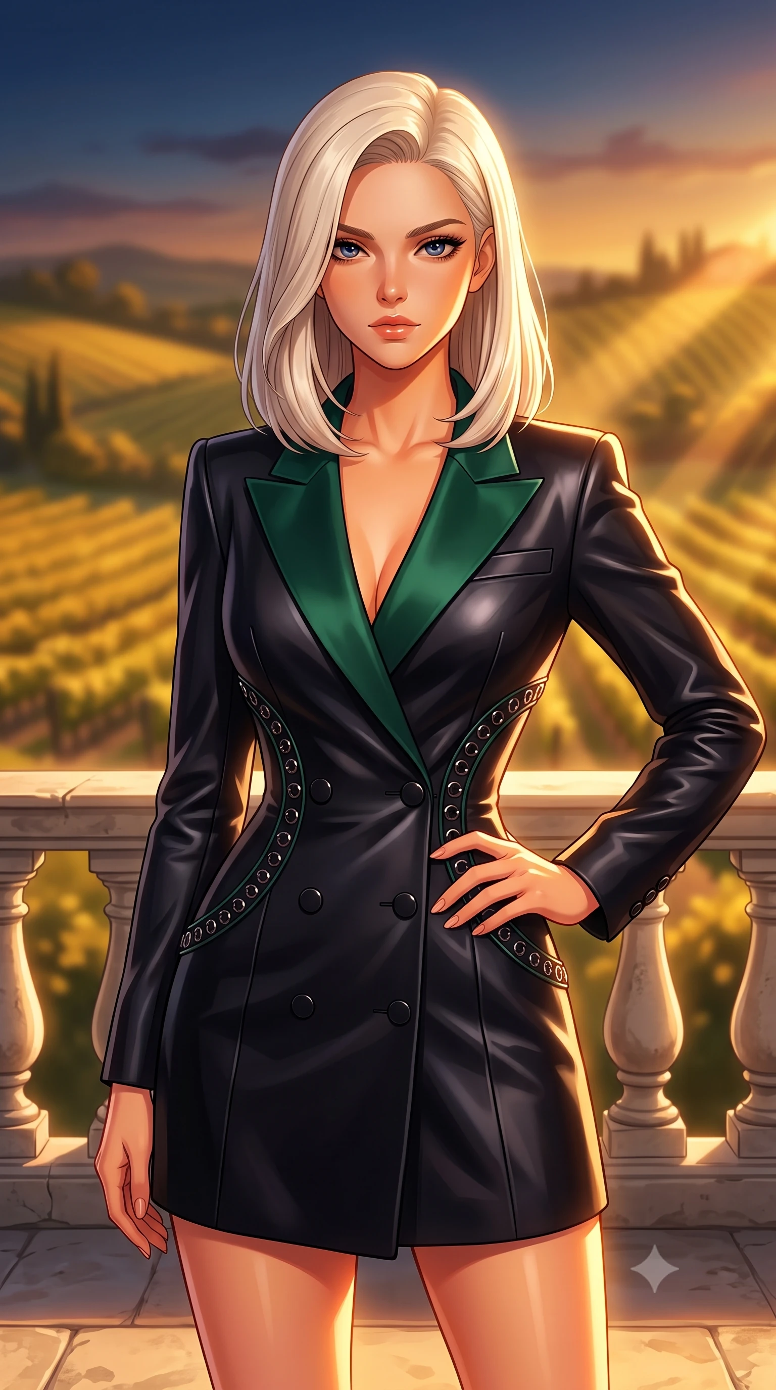 score_9, masterpiece, best quality, ultra-detailed, high-budget anime keyframe, editorial fashion photography, tasteful artistic composition, Caucasian woman. close-up cowboy shot from the waist and thighs up, the character dominates the composition, filling the frame with her large presence, background elements kept in soft focus. Holding a confident power pose with one hand on her hip, standing on a limestone terrace of a Tuscan villa overlooking golden vineyards at sunset, intense golden-hour sunbeams casting warm amber light across her skin. She has an exceptionally elegant, slender, and willowy female figure with an ultra-slim waist, a gracefully sculpted slender torso, and a refined silhouette. sharp v-shaped jawline, high-bridge nose, intricate jewel-like eyes with depth, thick eyelashes, glossy lips with a natural sheen. wearing tailored double-breasted obsidian blazer dress with silk lapels in deep emerald green, made of polished black leather, trimmed with dark chrome ring hardware along the waist contours, the fitted fabric emphasizing her ultra-slim waist. lit by clear golden key rays casting soft graceful shadows. highly saturated vibrant anime colors, detailed shading with soft gradients, rich glossy textures, high-contrast stereoscopic depth, volumetric dynamic lighting, master piece, 9:16 ratio
