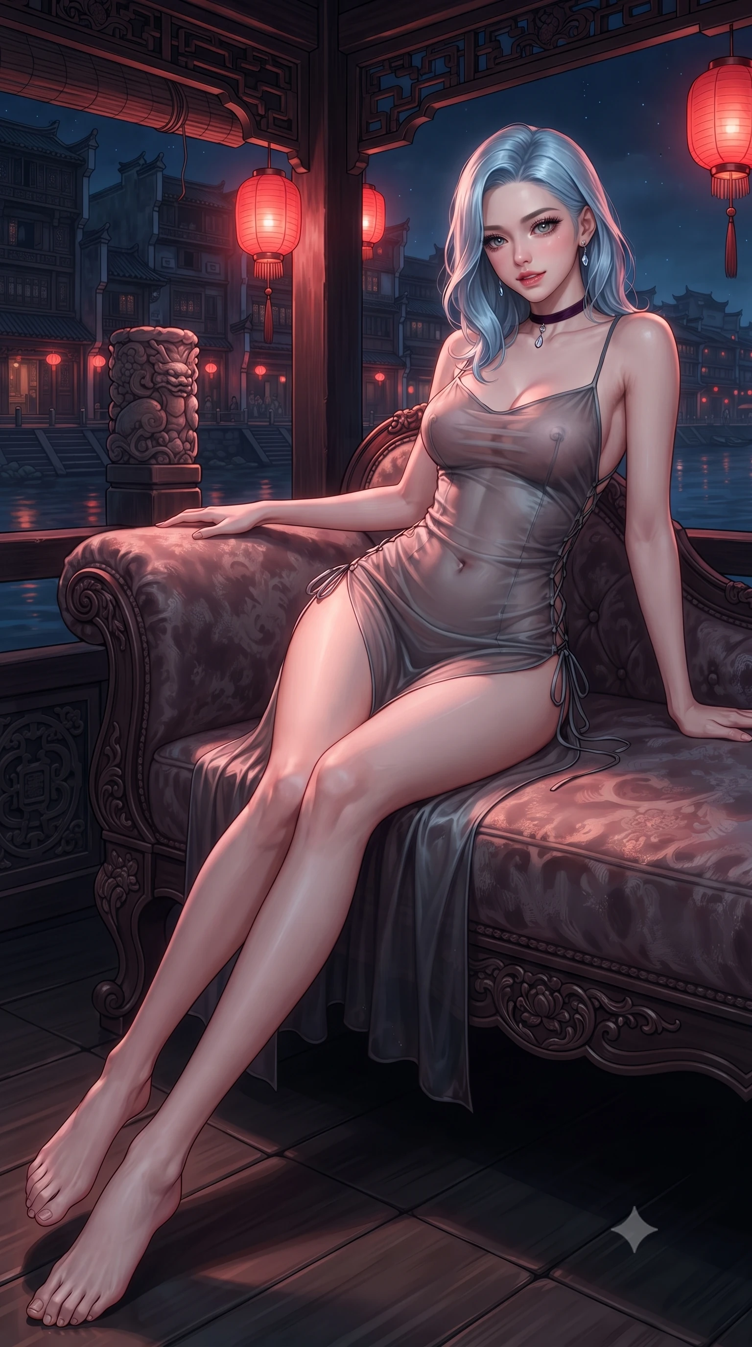 score_9, masterpiece, best quality, ultra-detailed, high-budget anime keyframe, editorial fashion photography, tasteful artistic composition, Korean woman. low angle full-body shot from head to toe showing her feet, filling the entire 9:16 vertical frame with her statuesque presence, stretching her vertical silhouette. reclining gracefully across the plush chaise lounge with one leg extended, her sculpted silhouette and flat midriff radiating magnetic nocturnal glamour while twisting her slender torso in an alluring contrapposto stance, hanging red paper lanterns casting warm crimson reflections across her flat midriff. The surrounding environment is rendered in vivid detail and crisp panoramic clarity: detailed semi-sheer botanical lace teddy weave, open back ties, and riverfront heritage architecture in razor-sharp precision. She has an exceptionally tall and slender model-like 8.5-heads proportion, an ultra-slim waist, a flat toned midriff, narrow delicate ribcage, and beautifully sculpted feminine hips creating a graceful, slim hourglass silhouette without any bulky heaviness, with impossibly long slender legs. sharp v-shaped jawline, high-bridge nose, intricate jewel-like sparkling eyes with depth, thick eyelashes, glossy parted lips with a natural peach sheen, bright cheerful beaming smile with an enchanting and coquettish sensual glint, exuding both youthful cute charm and seductive allure, flawlessly proportioned anatomical accuracy, strict slender model proportions, natural body alignment, perfectly sculpted long slender limbs, ultra-slim waistline, clean dynamic posture without body distortion. wearing a form-contouring sheer gossamer slip dress with side lace-up ties revealing glimpses of her hip curve in Hollywood starlight platinum and smoky charcoal, crafted from fluid liquid silk satin that clings smoothly to her narrow waist and rounded hips with a dewy sheen, finished with a thin velvet ribbon choker and a single teardrop diamond pendant, the high-slit wrap tailoring accentuating her ultra-slim waistline and the enchanting curve of her feminine hips with alluring seductive charm. bathed in the romantic crimson-gold lantern glows contrasted with cool deep-blue midnight river reflections. ultra-reflective glossy finish, specular highlights, rich textural contrasts, high-contrast stereoscopic depth, volumetric dynamic lighting, 2k, ultra detail, master piece, 9:16 ratio