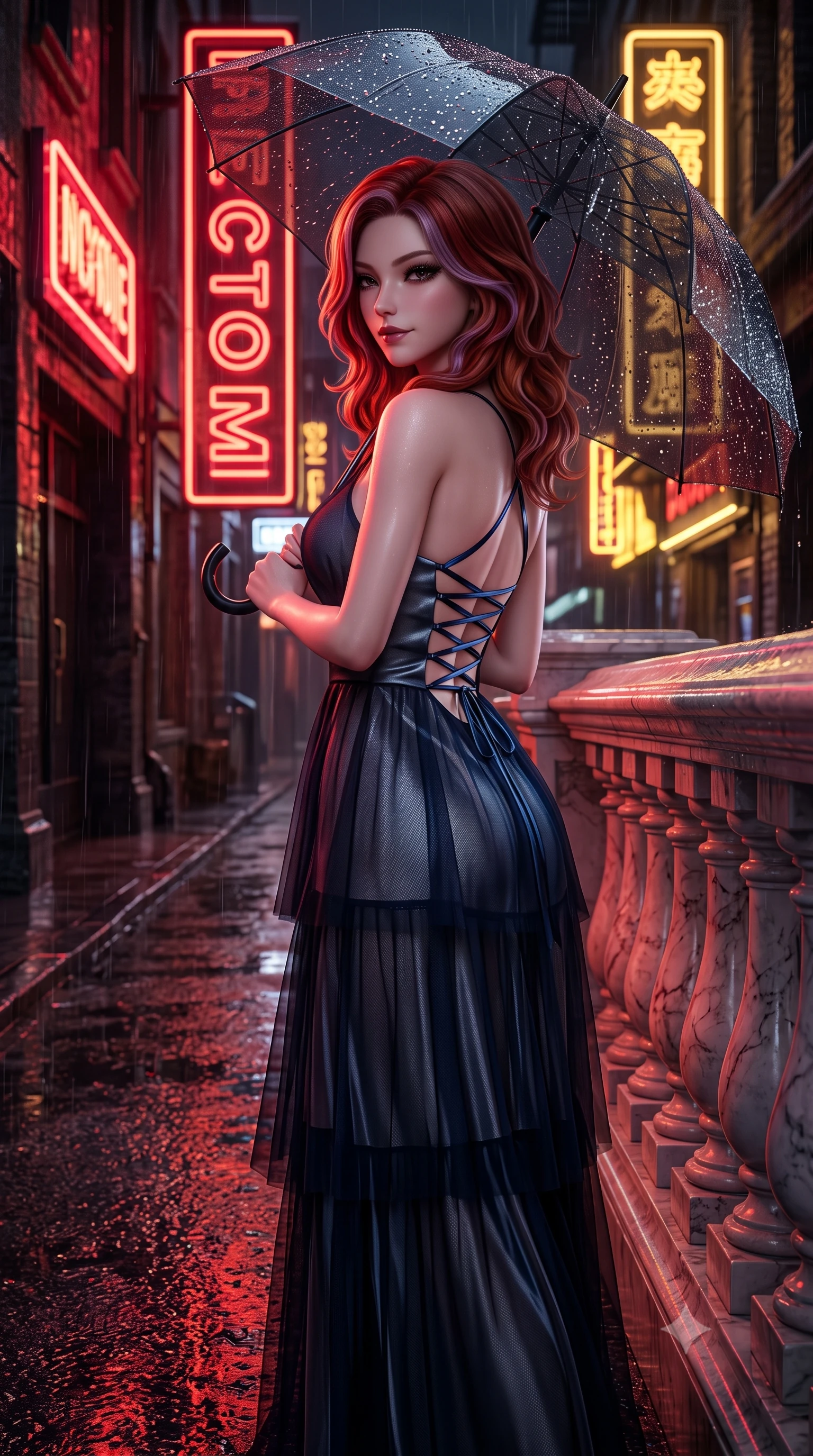score_9, masterpiece, best quality, ultra-detailed, high-budget anime keyframe, semi-realistic 3D game render, editorial fashion photography, tasteful artistic composition, Caucasian woman. close-up cowboy shot from the waist and thighs up, the character dominates the composition, filling the frame with her large presence. resting one elbow on the marble balustrade while arching her spine with dancer poise, her dark bedroom-eyes casting a magnetic sidelong glance while walking dynamically down the glistening wet asphalt alley beneath a translucent black umbrella, hips swaying gracefully in a captivating supermodel rhythm. The surrounding environment is rendered in vivid detail and crisp panoramic clarity. sharp rain droplet beads on the black vinyl umbrella, asphalt texture glisten, and neon glass tube clarity in deep focus. She has an exceptionally elegant, slender, and willowy female figure with an ultra-slim waist, flat toned midriff, narrow ribcage, and sculpted feminine hips creating an alluring, slim hourglass silhouette without bulk. sharp v-shaped jawline, high-bridge nose, intricate jewel-like dark sparkling eyes with dangerous depth, thick curled eyelashes, glossy parted lips with a rich wine sheen, smoldering seductive half-smile with bedroom-eyes, exuding effortless superiority and intoxicating dark allure, flawlessly proportioned anatomical accuracy, strict slender model proportions, natural body alignment, perfectly sculpted long slender limbs, ultra-slim waistline, clean dynamic posture without body distortion. wearing a tiered semi-sheer black tulle and silk slip dress with an ultra-slim corseted waist and bare shoulders in midnight sapphire navy and chrome silver, made of semi-opaque dark contouring mesh clinging like a second skin, featuring a dramatic criss-cross satin back lacing tracing her slender spine, the form-contouring cut accentuating her sculpted flat midriff, narrow delicate ribcage, and gracefully curvy hips with sovereign high-fashion precision. bathed in intense saturated crimson and warm gold neon underlights contrasting with dark rain-soaked shadow tones. highly saturated vibrant anime colors, detailed shading with soft gradients, rich glossy textures, high-contrast stereoscopic depth, volumetric dynamic lighting, master piece, 9:16 ratio