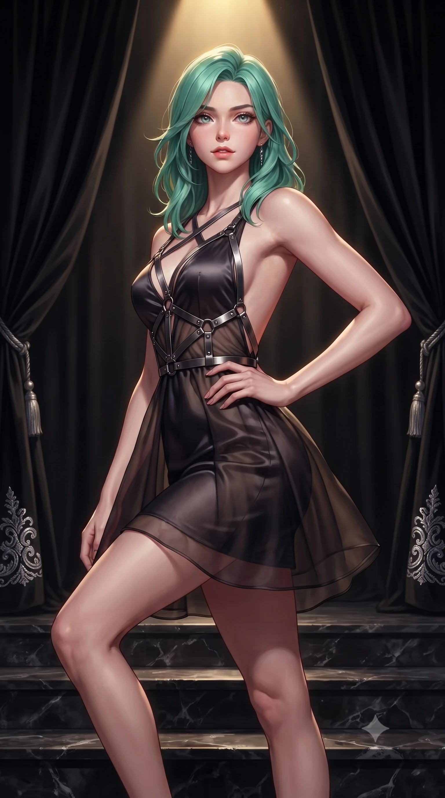 score_9, masterpiece, best quality, ultra-detailed, high-budget anime keyframe, editorial fashion photography, tasteful artistic composition, Japanese woman. close-up cowboy shot from the waist and thighs up, the character dominates the composition, filling the frame with her large presence, background elements kept in soft focus. Holding a confident power pose with one hand on her hip, ascending dark marble throne dais steps under dramatic theatrical spotlights, heavy black velvet drapery with silver embroidery falling to the floor. She has an exceptionally elegant, slender, and willowy female figure with an ultra-slim waist, a gracefully sculpted slender torso, and a refined silhouette. sharp v-shaped jawline, high-bridge nose, intricate jewel-like eyes with depth, thick eyelashes, glossy lips with a natural sheen. wearing dramatically scooped backless dark satin mini dress with criss-cross chrome straps in smoky pitch black, made of sheer dark organza overlay, highlighted by a gunmetal metallic harness structure, accentuating her gracefully sculpted slender torso. illuminated by a single dramatic golden spotlight from above into pitch darkness. highly saturated vibrant anime colors, detailed shading with soft gradients, rich glossy textures, high-contrast stereoscopic depth, volumetric dynamic lighting, master piece, 9:16 ratio