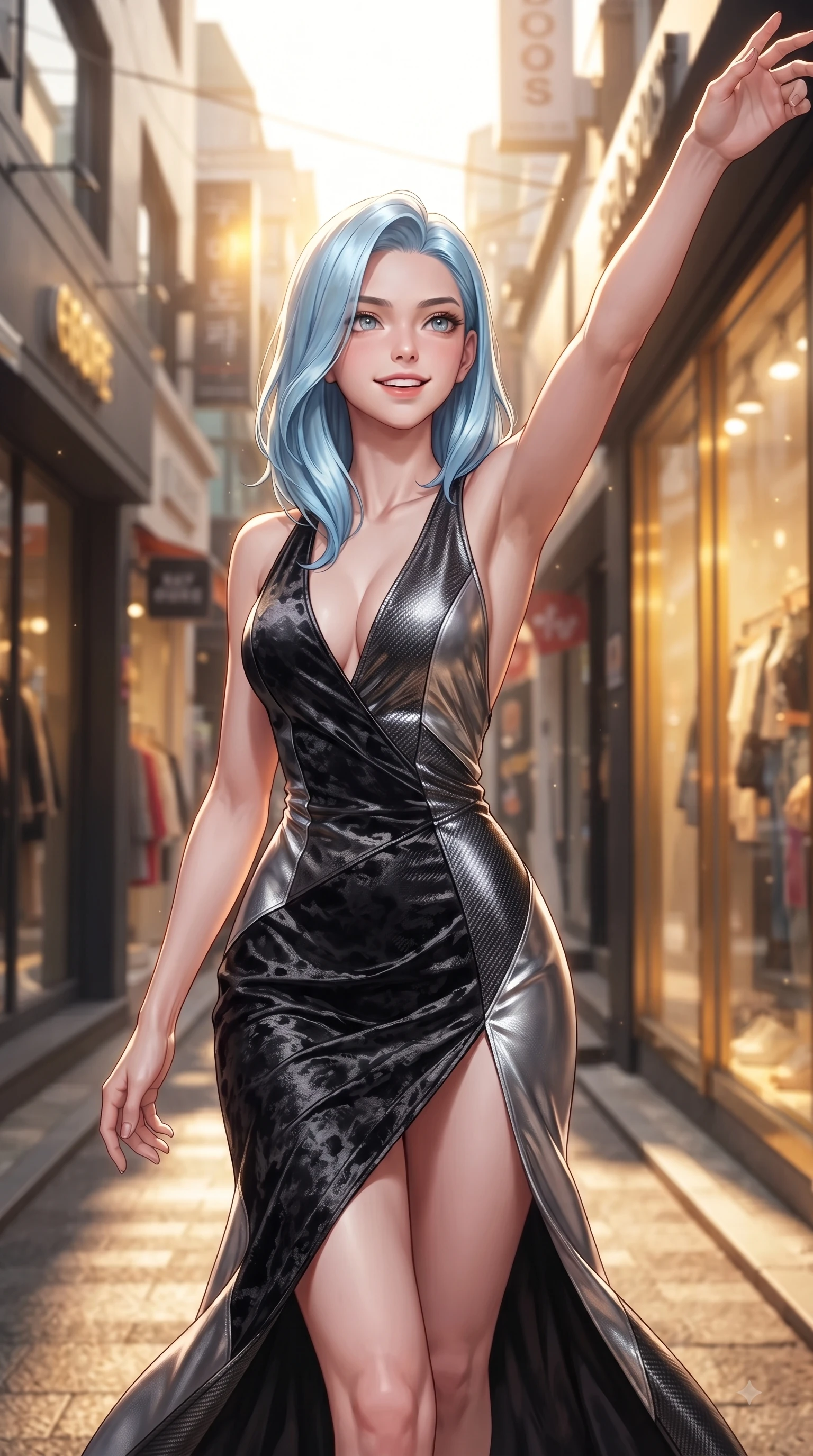 score_9, masterpiece, best quality, ultra-detailed, high-budget anime keyframe, editorial fashion photography, tasteful artistic composition, Korean woman. close-up cowboy shot from the waist and thighs up, the character dominates the composition, filling the frame with her large presence, background elements kept in soft focus. Extending one arm in an elegant stretch toward the light while smiling with vibrant, youthful self-assurance while walking dynamically down a vibrant Seongsu-dong alley lined with trendy fashion pop-up stores, trendy fashion window displays reflecting golden afternoon sunlight vividly. She has an exceptionally elegant, slender, and willowy female figure with an ultra-slim waist, a gracefully sculpted slender torso, and a refined silhouette. sharp v-shaped jawline, high-bridge nose, intricate jewel-like eyes with depth, thick eyelashes, glossy lips with a natural sheen, flawlessly proportioned anatomical accuracy, natural body alignment, perfectly sculpted elegant limbs, clean dynamic posture without body distortion. wearing a backless crushed velvet gown with a deep V-neckline and high thigh slit in matte black and polished silver, made of fine carbon-fiber weave and soft matte leather, finished with a sleek side slit ascending to mid-thigh, the sleek second-skin texture accentuating her magnetic presence. surrounded by a lively, trendy street aura with rich specular highlights. ultra-reflective glossy finish, specular highlights, metallic sheen, high-contrast stereoscopic depth, volumetric dynamic lighting, 2k, ultra detail, master piece, 9:16 ratio