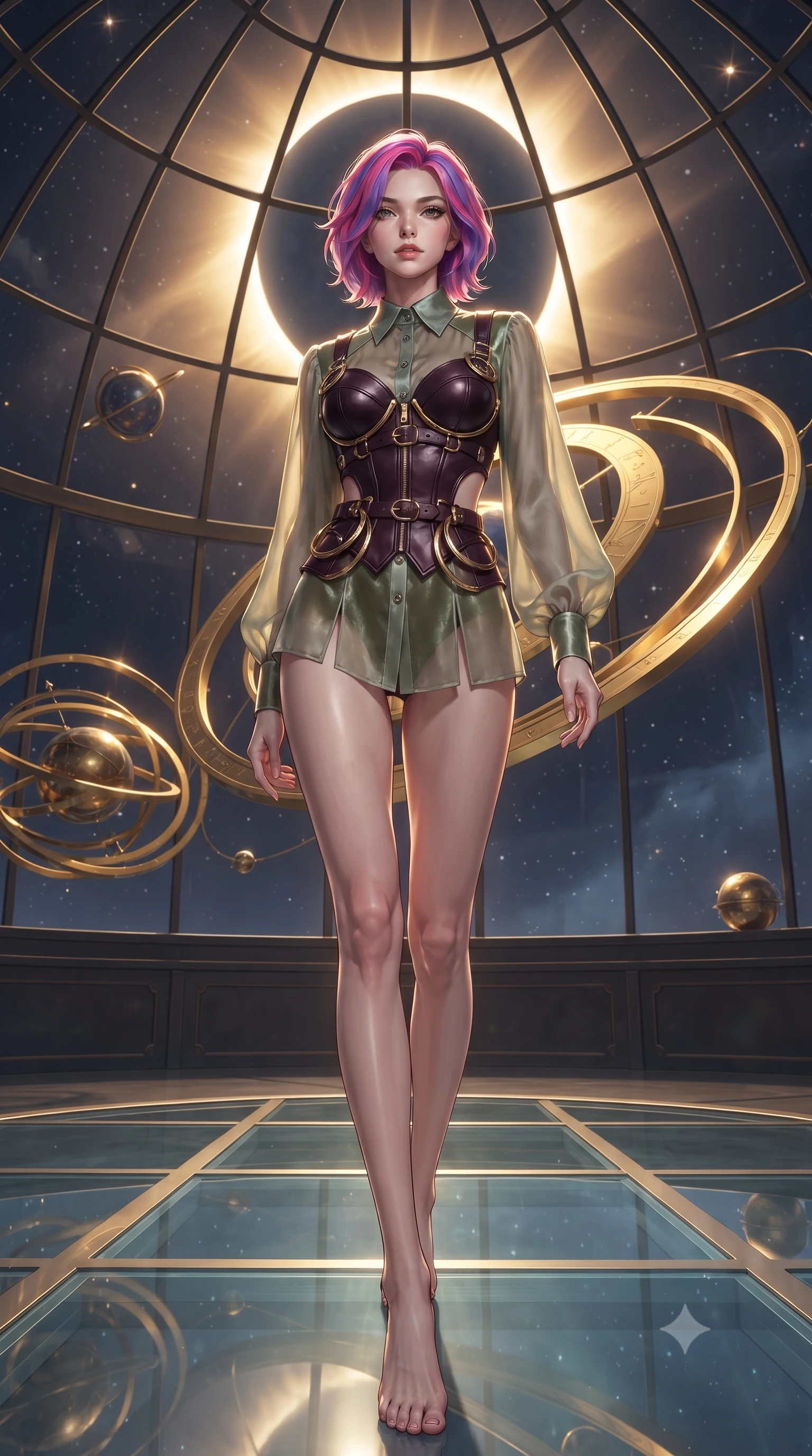 score_9, masterpiece, best quality, ultra-detailed, high-budget anime keyframe, editorial fashion photography, tasteful artistic composition, Caucasian woman. low angle full-body shot from head to toe showing her feet, filling the entire 9:16 vertical frame with her statuesque presence, stretching her vertical silhouette. forging dynamically through the scene, her vertical silhouette beautifully stretched inside a floating cosmic observatory with golden astrolabe rings, a cosmic eclipse casting brilliant golden rim highlights. She has an absolutely perfect, statuesque 8.5-heads proportion, an exceptionally tall and slender model-like female figure with impossibly long slender legs and an ultra-slim waist. sharp v-shaped jawline, high-bridge nose, intricate jewel-like eyes with depth, thick eyelashes, glossy lips with a natural sheen. wearing a tailored leather bustier over a sheer silk chiffon blouse in sage green and oatmeal, made of premium stretch velvet with a rich sheen, featuring clean architectural cutouts along her slender torso, the sleek second-skin texture accentuating her magnetic presence. bathed in warm sunbursts filtering through floating orbital rings. ultra-reflective glossy finish, specular highlights, metallic sheen, high-contrast stereoscopic depth, volumetric dynamic lighting, 2k, ultra detail, master piece, 9:16 ratio