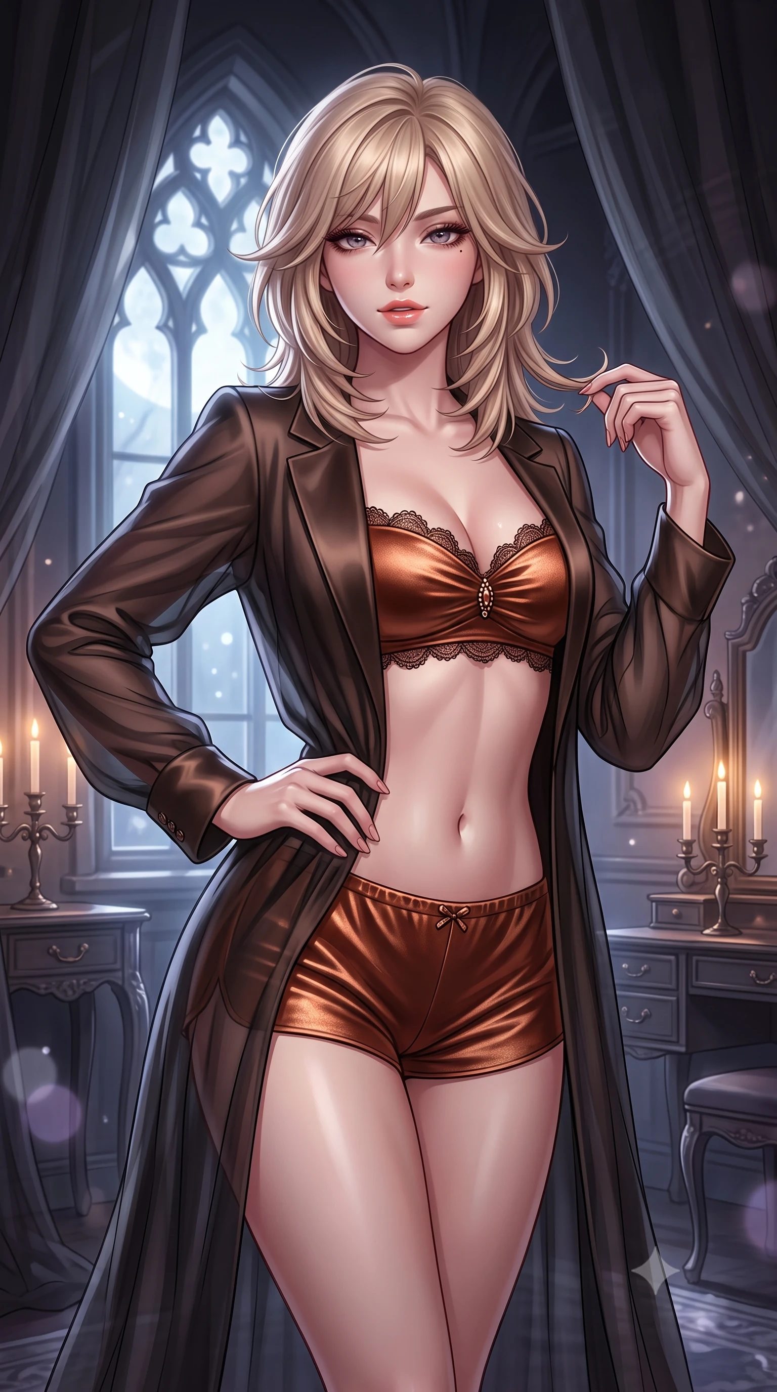 score_9, masterpiece, best quality, ultra-detailed, high-budget anime keyframe, semi-realistic 3D game render, editorial fashion photography, tasteful artistic composition, Japanese woman. close-up cowboy shot from the waist and thighs up, the character dominates the composition, filling the frame with her large presence. twisting her slender torso in an alluring contrapposto stance, one hand resting on her sculpted hip while her fingers toy with her hair with effortless poise while twisting her slender torso in an alluring S-curve while adjusting a sheer robe, silver moonlight pouring through pointed-arch windows. The background shows a soft-focus floating sheer black organza canopy curtains, antique gothic vanities, and moonlight blurred into charcoal, lavender, and silver bokeh. She has an exceptionally elegant, slender, and willowy female figure with an ultra-slim waist, flat toned midriff, narrow ribcage, and sculpted feminine hips creating an alluring, slim hourglass silhouette without bulk. sharp v-shaped jawline, high-bridge nose, sparkling eyes with hypnotic seductive depth, thick curled eyelashes, glossy parted lips with a natural dewy peach sheen, alluring bedroom-eyes with an enchanting coquettish smile, exuding magnetic siren charisma and sophisticated glamour, flawlessly proportioned anatomical accuracy, strict slender model proportions, natural body alignment, perfectly sculpted long slender limbs, ultra-slim waistline, clean dynamic posture without body distortion. wearing a tailored open-front minimal smoking blazer worn over a jewel-embellished bandeau and micro-shorts in sultry espresso bronze and metallic copper with velvet sheen, crafted from fluid liquid silk satin that clings smoothly to every curve with a dewy sheen, finished with scalloped eyelash lace trim framing her sweetheart neckline with intimate elegance, the precision-cut side openings and low-back scoop framing her graceful spine and the sensual sweep of her slim, toned hips. bathed in cool moonlight streaming through tall gothic windows mixed with soft bedside candelabra warmth. highly saturated vibrant anime colors, detailed shading with soft gradients, rich glossy textures, high-contrast stereoscopic depth, volumetric dynamic lighting, master piece, 9:16 ratio