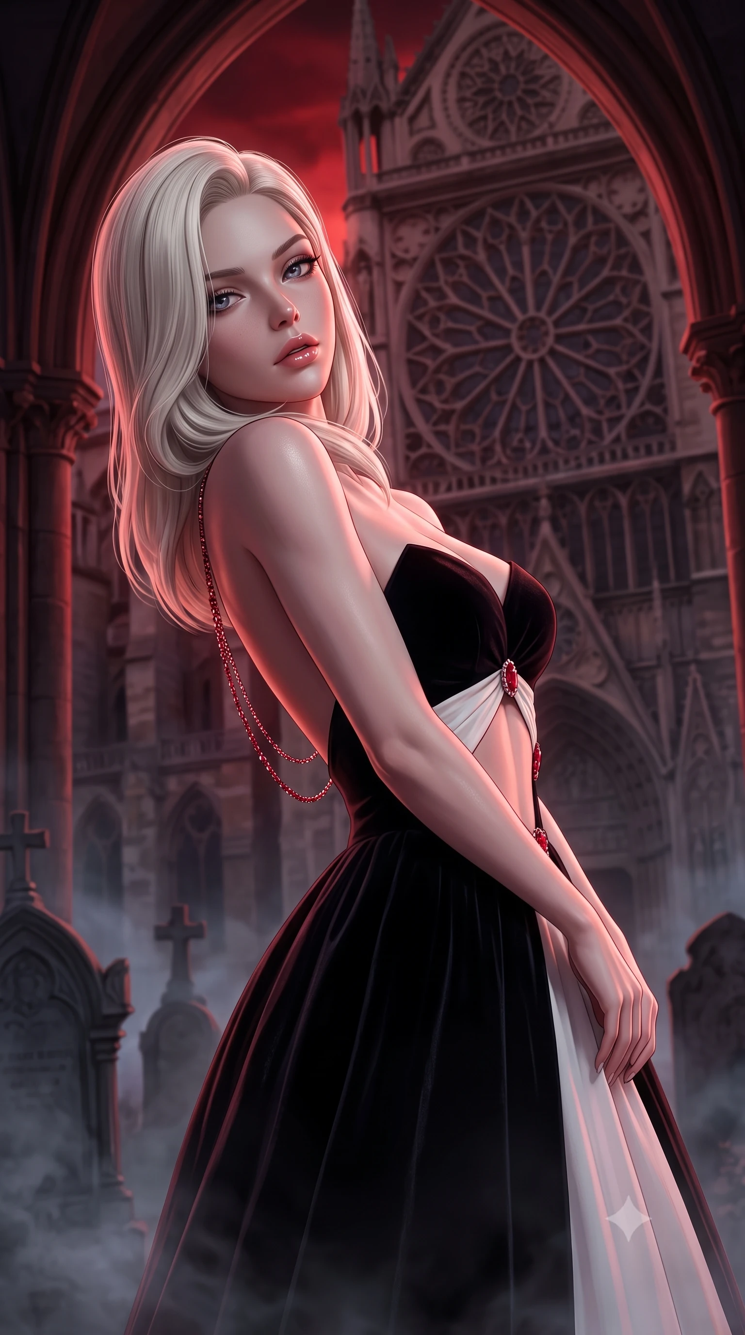 score_9, masterpiece, best quality, ultra-detailed, high-budget anime keyframe, semi-realistic 3D game render, editorial fashion photography, tasteful artistic composition, Caucasian woman. close-up cowboy shot from the waist and thighs up, the character dominates the composition, filling the frame with her large presence. leaning back with relaxed seductive grace, her sculpted collarbones highlighted by light, casting smoldering bedroom-eyes directly into the lens while pivoting dynamically beneath colossal gothic cathedral arches as a total lunar eclipse casts blood-crimson shadows. The composition keeps background elements in soft focus with creamy bokeh. swirling night mist and distant cemetery monuments softened in cinematic shallow focus. She has an exceptionally elegant, slender, and willowy female figure with an ultra-slim waist, a gracefully sculpted slender torso, toned flat midriff, and a refined slim silhouette. sharp v-shaped jawline, high-bridge nose, intricate jewel-like eyes with depth, thick eyelashes, glossy parted lips with a natural sheen, intensely captivating and seductive expression, flawlessly proportioned anatomical accuracy, strict slender model proportions, natural body alignment, perfectly sculpted long slender limbs, ultra-slim waistline, clean dynamic posture without body distortion. wearing a deep sweetheart neckline velvet ballgown with an exposed midriff cutout framed by ruby clasps in high-contrast black velvet and pearl white, woven from layered gossamer chiffon with a weightless sweeping drape, accented with a glittering ruby back chain tracing her bare spine, the precision-cut daring openings accentuating her delicate midriff, graceful bare collarbones, and ultra-slim feminine waistline. illuminated by crisp specular highlights defining her sculpted jawline, bare spine, and long limbs. highly saturated vibrant anime colors, detailed shading with soft gradients, rich glossy textures, high-contrast stereoscopic depth, volumetric dynamic lighting, master piece, 9:16 ratio