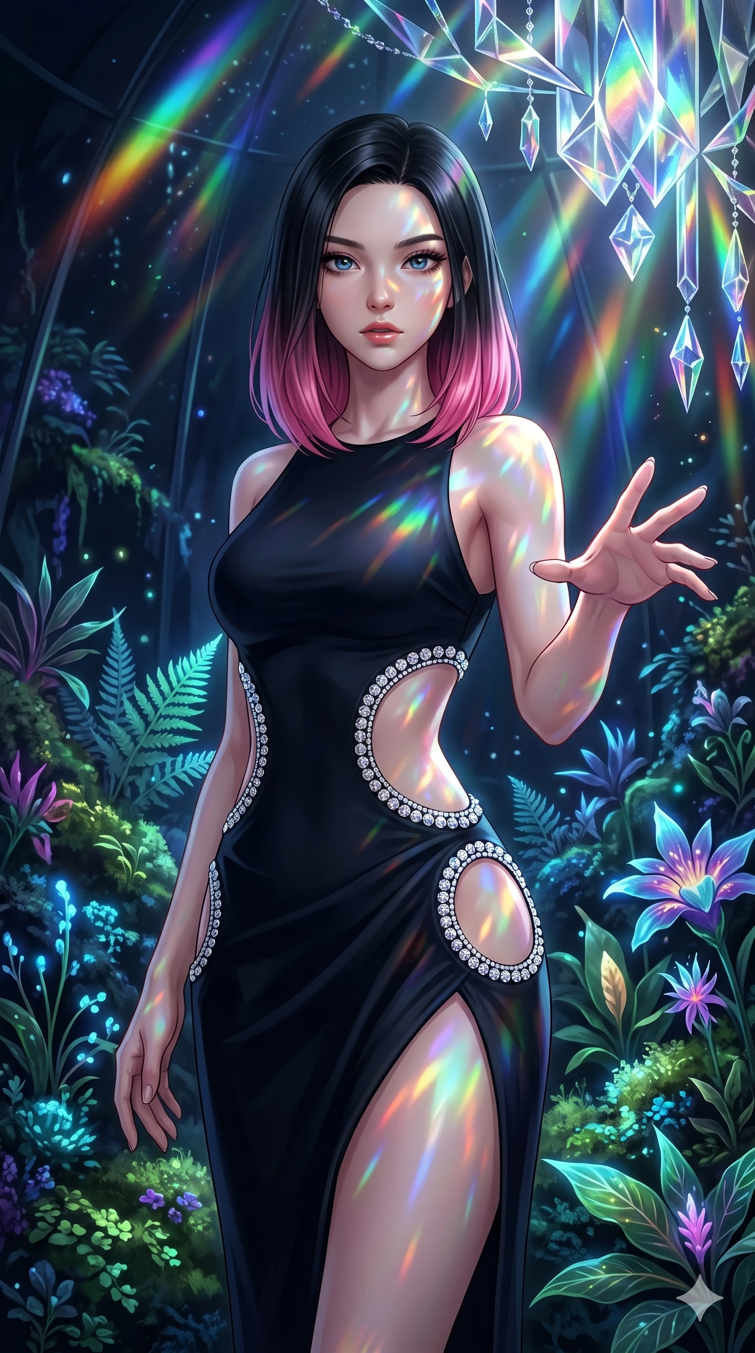 score_9, masterpiece, best quality, ultra-detailed, high-budget anime keyframe, editorial fashion photography, tasteful artistic composition, Korean woman. cowboy shot from the thighs up, character and outfit filling the frame for maximum editorial presence. Reaching one hand toward the viewer with relaxed elegance within a prismatic rain-forest dome where bioluminescent plants pulse softly in the dark. She has an absolutely perfect 8-heads proportion, an exceptionally tall and slender female figure with impossibly long slender legs and an ultra-slim waist. V-shaped jawline, high-bridge nose, intricate jewel-like eyes with depth, thick eyelashes, glossy lips with a natural sheen. wearing a midnight black structured couture gown with elaborate crystal-edged circular cutouts at the waist and hip, creating a dazzling jeweled window effect against her skin. illuminated by cascading rainbow prismatic light refracting through crystal overhead and casting patterns on her skin. 2k, ultra detail, master piece, 9:16 ratio