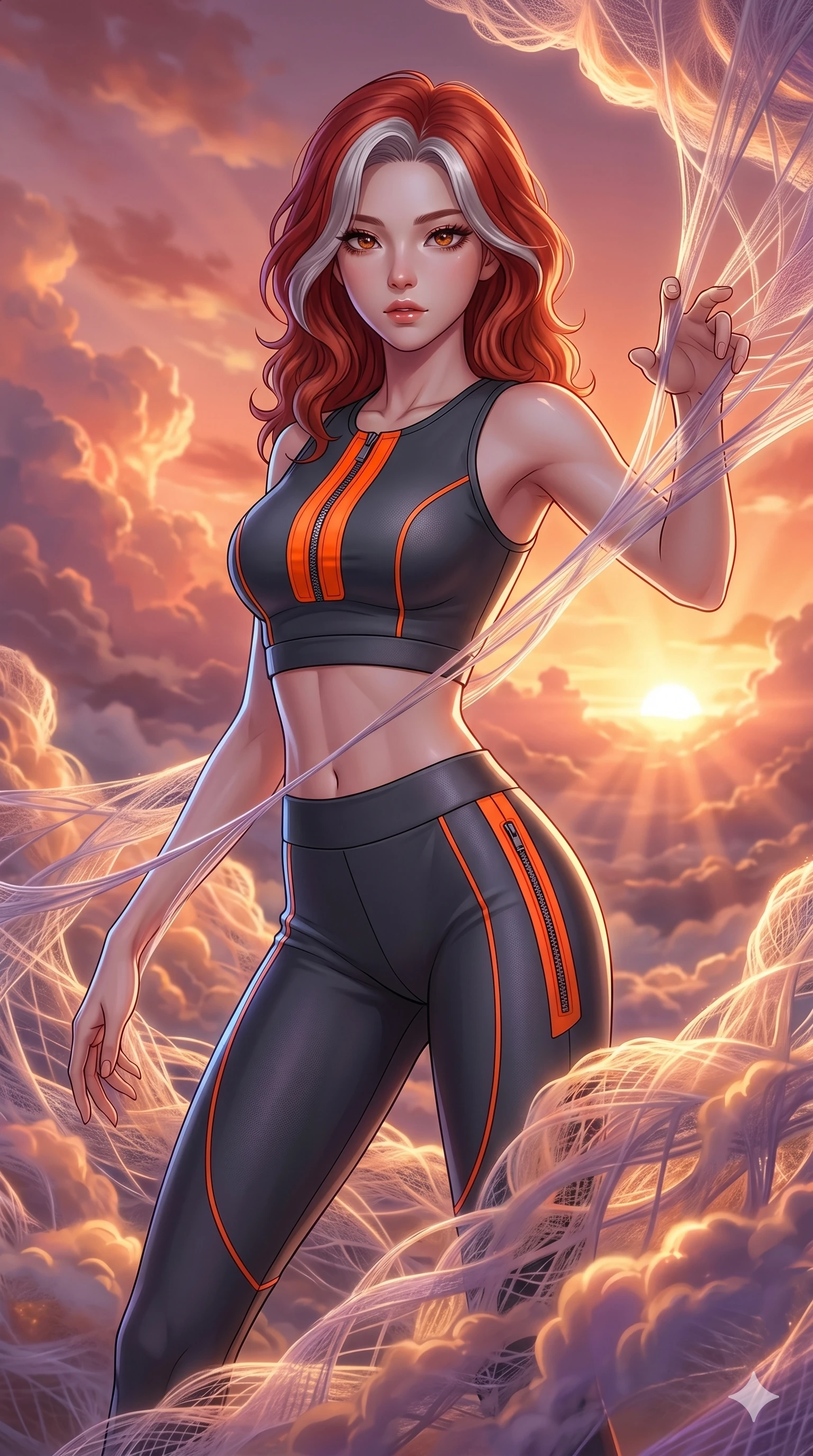 score_9, masterpiece, best quality, ultra-detailed, high-budget anime keyframe, Korean woman. upper body close-up from the thighs up, character filling the screen for maximum presence. threading through a volumetric cloud weave where storm clouds are spun like silk thread under a dramatic sunset glow. She has an absolutely perfect 8-heads proportion, an exceptionally tall and slender female figure with impossibly long slender legs and an ultra-slim waist. V-shaped jawline, high-bridge nose, intricate jewel-like eyes with depth, thick eyelashes, glossy lips with a natural sheen.. wearing a form-form-sculpting neoprene cyber-athleisure set, featuring a fitted crop top and leggings with fluorescent orange zipper accents and side slash panels. lit by a soft glowing ambient light and a sharp side key light that traces the sleek contours of her athletic build. 2k, ultra detail, master piece, 9:16 ratio