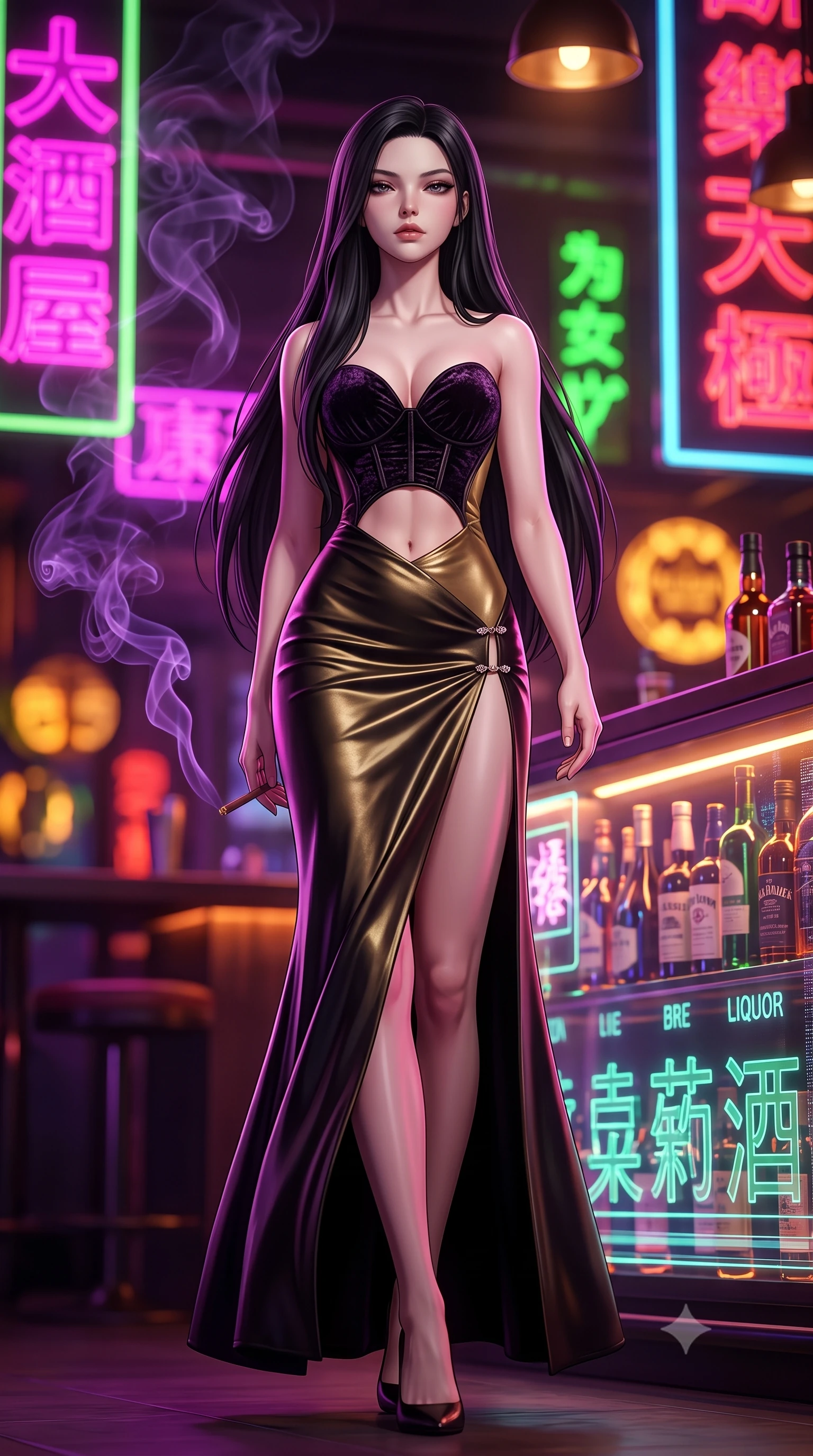 score_9, masterpiece, best quality, ultra-detailed, high-budget anime keyframe, semi-realistic 3D game render, editorial fashion photography, tasteful artistic composition, Korean woman. low angle full-body shot from head to toe showing her feet, filling the entire 9:16 vertical frame with her statuesque presence, stretching her vertical silhouette. striding forward in a proud supermodel runway stride, hips swaying in an alluring kinetic rhythm that accentuates her curvy hourglass silhouette while leaning back against an illuminated holographic liquor display with hips cocked, casting a smoky, dangerous bedroom-gaze past the camera. The composition keeps background elements in soft focus with creamy bokeh. swirling violet cigar smoke wisps and neon kanji holographic signs blurred into hot magenta, laser green, and deep amber bokeh. She has an exceptionally tall and slender model-like 8.5-heads proportion, an ultra-slim waist, a flat toned midriff, narrow delicate ribcage, and beautifully sculpted feminine hips creating a graceful, slim hourglass silhouette without any bulky heaviness, with impossibly long slender legs. sharp v-shaped jawline, high-bridge nose, intricate jewel-like eyes with depth, thick eyelashes, glossy parted lips with a natural sheen, intensely captivating and seductive bedroom-eyes expression, flawlessly proportioned anatomical accuracy, strict slender model proportions, natural body alignment, perfectly sculpted long slender limbs, ultra-slim waistline, clean dynamic posture without body distortion. wearing a deep sweetheart neckline crushed velvet corseted ballgown with an exposed midriff cutout in midnight obsidian black and liquid gold, formed from supple second-skin lambskin leather with specular sheen, finished with an ultra-high side slit secured by miniature jeweled clasps, the second-skin form-contouring cut accentuating her sculpted flat midriff, narrow delicate ribcage, and gracefully curvy hips with supermodel precision. bathed in rich magenta and electric violet neon light contrasting with warm amber bar downlights. highly saturated vibrant anime colors, detailed shading with soft gradients, rich glossy textures, high-contrast stereoscopic depth, volumetric dynamic lighting, master piece, 9:16 ratio