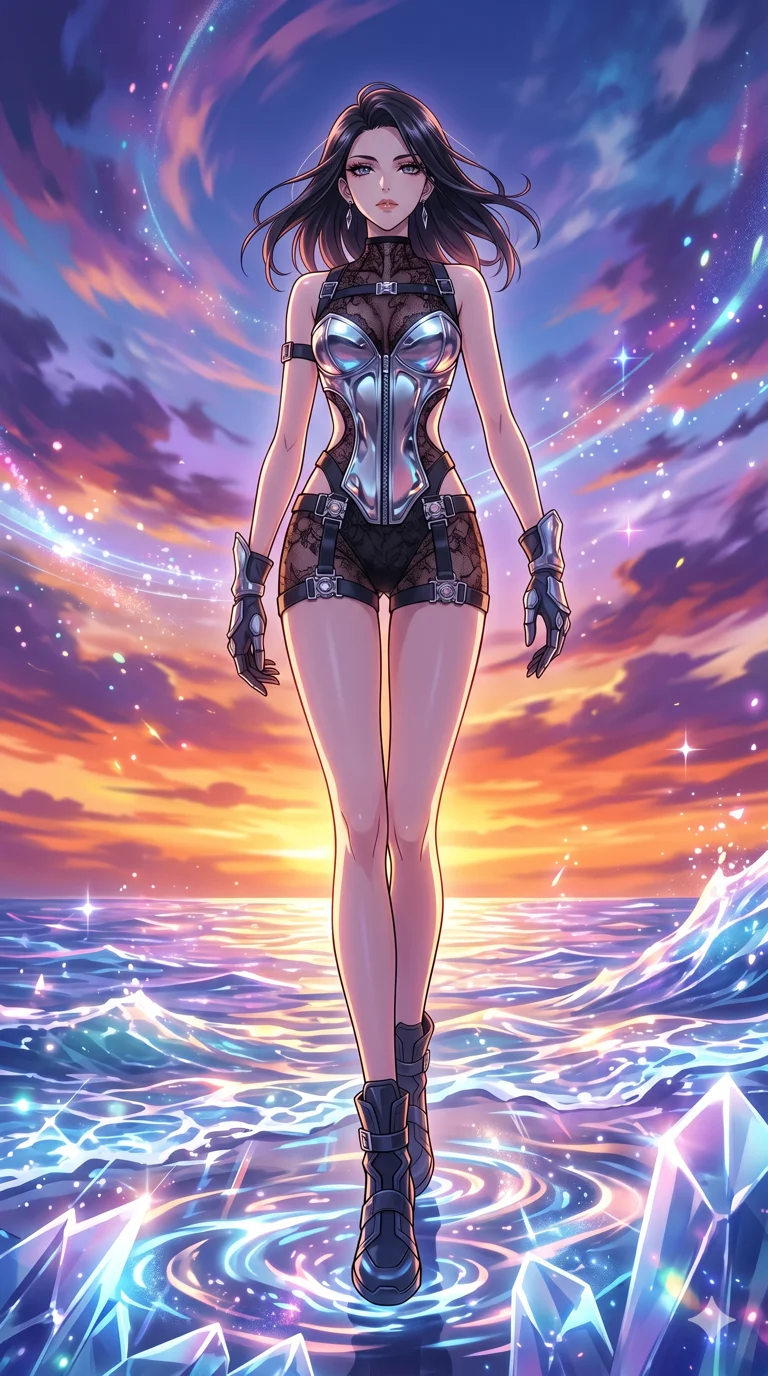 score_9, masterpiece, best quality, ultra-detailed, High-budget Anime Keyframe, vibrant colors, fluid line-art, expressive lighting, cinematic composition, Ufotable-style visual effects, top-tier animation quality, Japanese woman with delicate and elegant anime-inspired features. Dramatic low angle looking up at her majestic stature, dominating the vertical space of the composition. Warping the very fabric of reality around her as she walks, the ground turning into liquid and the sky changing colors. She has an absolutely perfect 8-heads proportion, an exceptionally tall and slender female figure with impossibly long slender legs and an ultra-slim waist, her statuesque height and towering silhouette dominating the vertical 9:16 frame. Her face is a masterpiece featuring a sharp v-shaped jawline, high-bridge nose, intricate jewel-like eyes with depth, thick eyelashes, and glossy lips with a natural sheen. She is wearing a Chrome-plated corset over a sheer lace base with tactical straps and metallic buckles crafted from Molten liquid mercury that flows and reflects the environment with metallic perfection, featuring strategic side cut-outs that emphasize her ultra-slim waist and hips. The scene is set in a vibrant sunset over a futuristic crystalline ocean with waves made of liquid light, illuminated by cinematic lighting with dramatic rim light that highlights her slender silhouette. 2k, ultra detail, master piece, 9:16 ratio