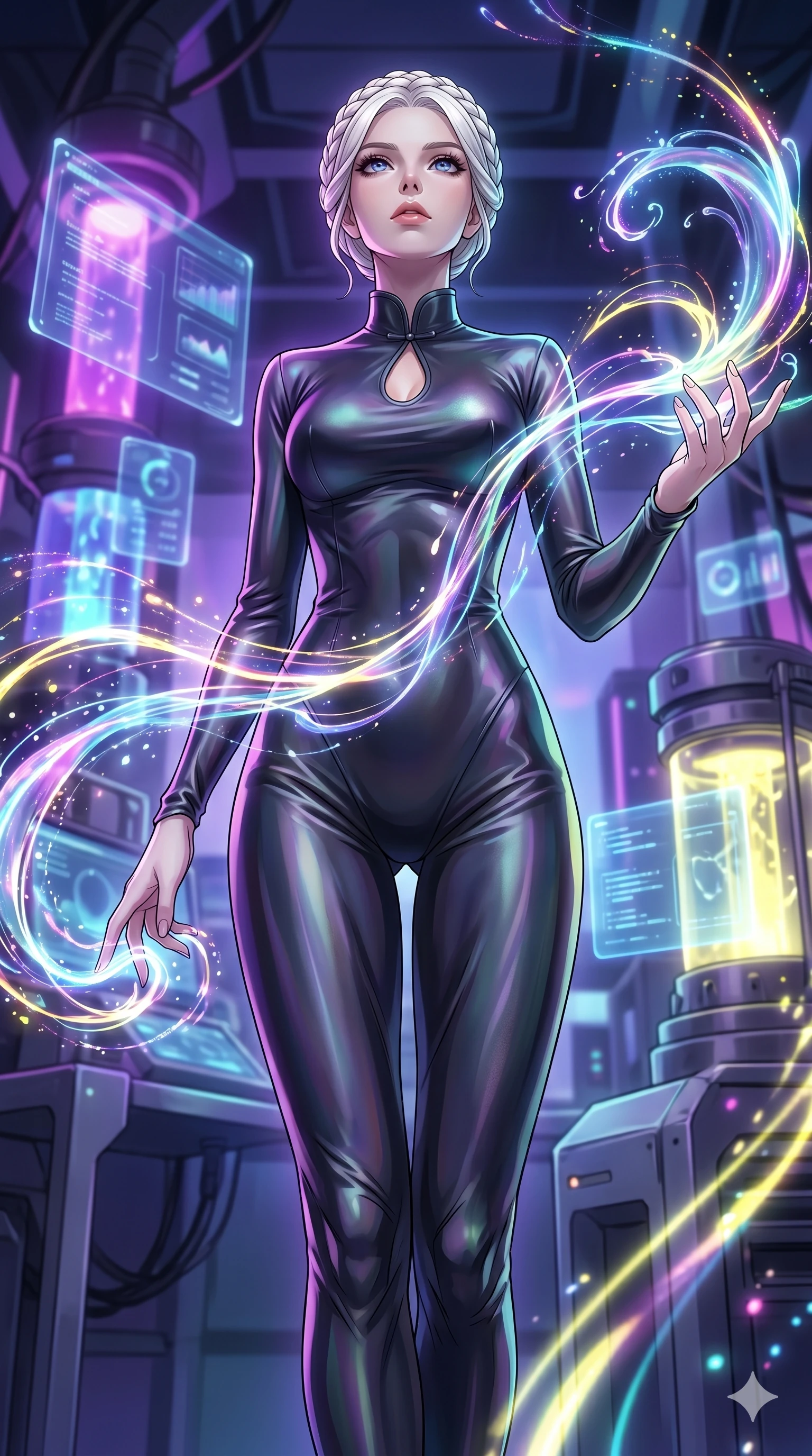 score_9, masterpiece, best quality, ultra-detailed, High-budget Anime Keyframe, vibrant colors, fluid line-art, expressive lighting, cinematic composition, Ufotable-style visual effects, top-tier animation quality, Caucasian woman with pale skin and refined features. Low angle cowboy shot filling the entire 9:16 frame with her statuesque presence, looking up to emphasize her height. Orchestrating a symphony of liquid light that flows from her fingertips like ink in water. She has an absolutely perfect 8-heads proportion, an exceptionally tall and slender female figure with impossibly long slender legs and an ultra-slim waist, her statuesque height and towering silhouette dominating the vertical 9:16 frame. Her face is a masterpiece featuring a sharp v-shaped jawline, high-bridge nose, intricate jewel-like eyes with depth, thick eyelashes, and glossy lips with a natural sheen. She is wearing a Sleek liquid-silk jumpsuit that clings to her frame, with a high collar and a small strategic teardrop cutout. The scene is set in a futuristic vibration lab filled with glowing resonators and liquid displays. 2k, ultra detail, master piece, 9:16 ratio