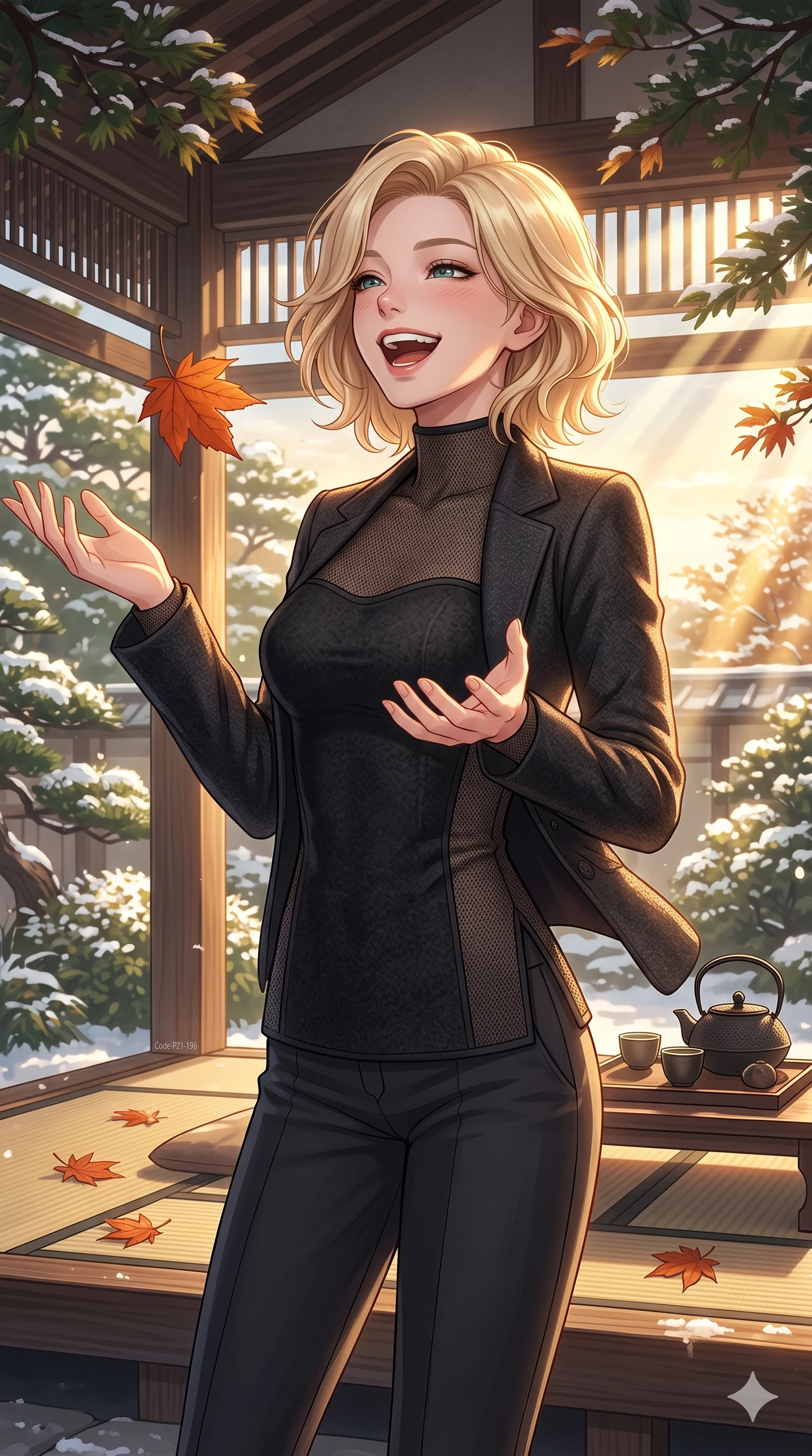 score_9, masterpiece, best quality, ultra-detailed, high-budget anime keyframe, vibrant anime aesthetic, Caucasian woman, strictly human ears. cowboy shot from the thighs up, character and outfit filling the frame for maximum presence. She is laughing cheerfully while catching a falling autumn leaf in the sun by an outdoor tea pavilion under winter sunbeams (Code-P21-196). She has an absolutely perfect 8-heads proportion, an exceptionally tall and slender female figure with impossibly long slender legs and an ultra-slim waist. V-shaped jawline, high-bridge nose, intricate jewel-like eyes with depth, thick eyelashes, glossy lips with a natural sheen. wearing a black textured bodice over a fine mesh-textured suit with refined side vent design in winter. She is illuminated by the setting winter sun casting rich gold and amber highlights on her features. 2k, ultra detail, master piece, 9:16 ratio