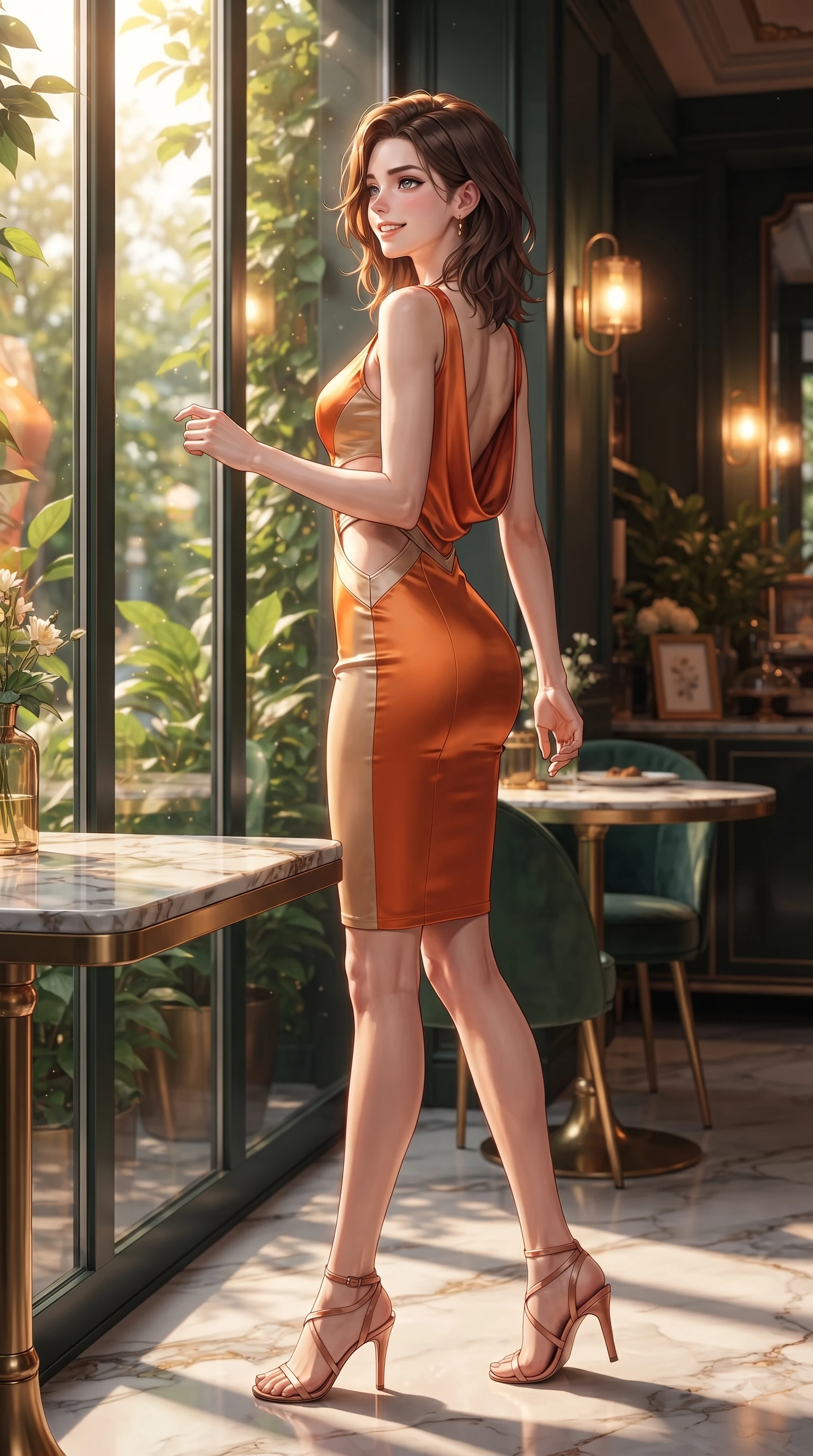 score_9, masterpiece, best quality, ultra-detailed, high-budget anime keyframe, editorial fashion photography, tasteful artistic composition, Korean woman. low angle full-body shot from head to toe showing her feet, filling the entire 9:16 vertical frame with her statuesque presence, stretching her vertical silhouette. performing a cheerful mid-motion turn with flawless poise, her radiant smile capturing fresh girlhood energy while looking out a large glass window with a tender cute smile as golden light streams in. The surrounding environment is rendered in vivid detail and crisp panoramic clarity. intricate marble tabletop textures, green garden leaves, and cafe decor captured in deep focus. She has an absolutely perfect, statuesque 8.5-heads proportion, an exceptionally tall and slender model-like female figure with impossibly long slender legs and an ultra-slim waist. sharp v-shaped jawline, high-bridge nose, intricate jewel-like eyes with depth, thick eyelashes, glossy lips with a natural sheen, flawlessly proportioned anatomical accuracy, natural body alignment, perfectly sculpted elegant limbs, clean dynamic posture without body distortion. wearing a precision-fitted bodycon dress with a graceful open draped back in bright burnt orange and warm beige, crafted from smooth liquid silk satin, complemented by clean architectural cutouts along her slender torso, the tailored fabric tightly following every curve of her athletic build. illuminated by soft glowing amber indoor lamps and natural garden reflections. ultra-reflective glossy finish, specular highlights, metallic sheen, high-contrast stereoscopic depth, volumetric dynamic lighting, 2k, ultra detail, master piece, 9:16 ratio