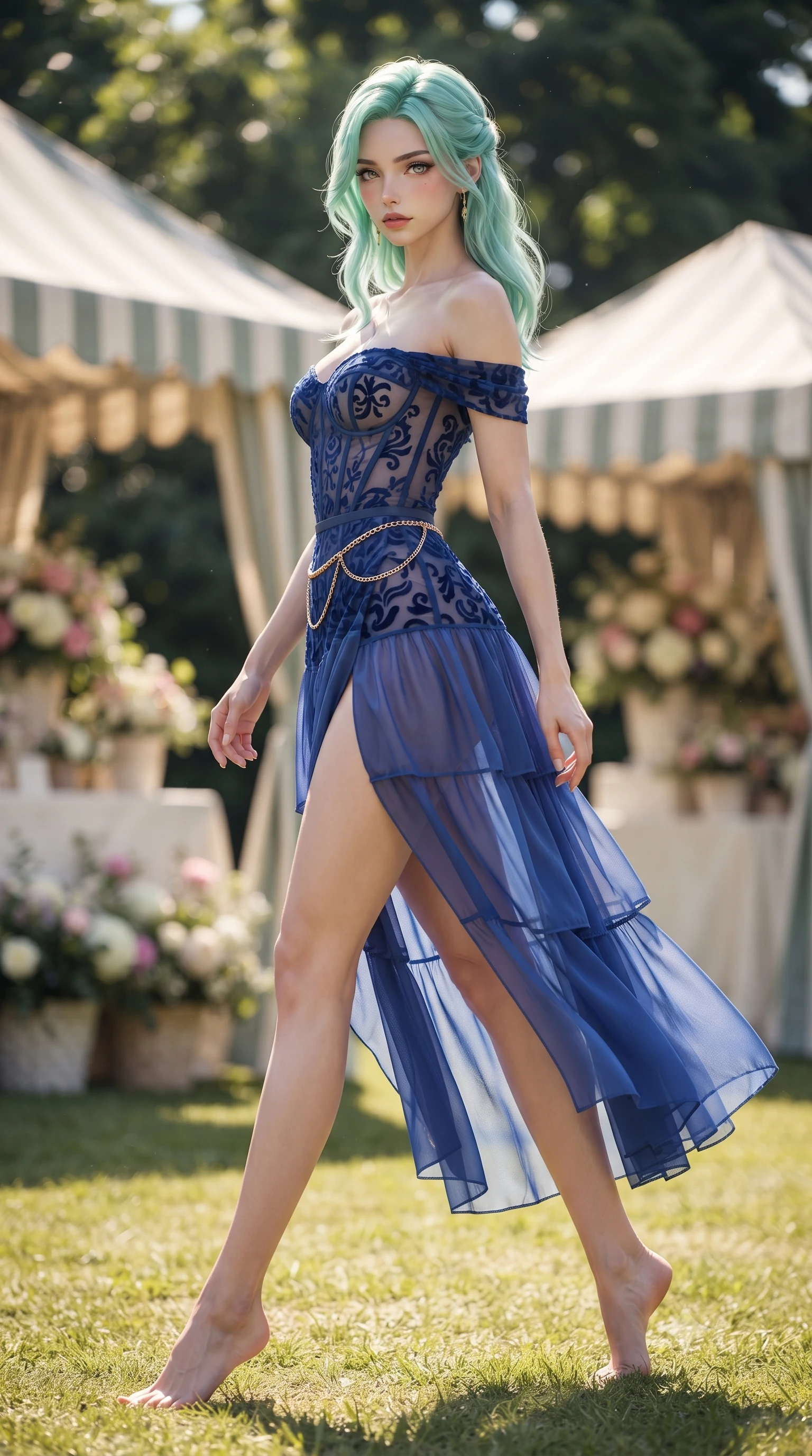 score_9, masterpiece, best quality, ultra-detailed, high-budget anime keyframe, editorial fashion photography, tasteful artistic composition, Japanese woman. low angle full-body shot from head to toe showing her feet, filling the entire 9:16 vertical frame with her statuesque presence, stretching her vertical silhouette. posing with back turned slightly to the lens, glancing back with smoldering allure as she arches her lower back to emphasize her sculpted feminine hips and slender waist while striding across the sun-drenched private lawn with sovereign supermodel momentum, long slender legs and narrow waist commanding the scene. The composition keeps background elements in soft focus with creamy bokeh. striped marquee canvas awnings and floral pavilion displays softened in bright glamorous shallow focus. She has an exceptionally tall and slender model-like 8.5-heads proportion, an ultra-slim waist, a flat toned midriff, narrow delicate ribcage, and beautifully sculpted feminine hips creating a graceful, slim hourglass silhouette without any bulky heaviness, with impossibly long slender legs. sharp v-shaped jawline, high-bridge nose, intricate jewel-like eyes with depth, thick eyelashes, glossy parted lips with a natural sheen, intensely captivating and seductive bedroom-eyes expression, flawlessly proportioned anatomical accuracy, strict slender model proportions, natural body alignment, perfectly sculpted long slender limbs, ultra-slim waistline, clean dynamic posture without body distortion. wearing an off-shoulder French court corset bodice dress paired with a tiered translucent chiffon slit skirt in royal sapphire blue and brushed platinum, made of sheer contouring power-mesh with velvet flocking patterns, accented with a delicate gold chain belt resting loosely on her curvy hips, the liquid-tight tailored fabric clinging flawlessly to her narrow waist and rounded feminine hips, emphasizing every millimeter of her sculpted slim hourglass curves without any bulky heaviness. illuminated by sharp specular highlights carving her sculpted collarbones, flat toned midriff, and rounded hips. ultra-reflective glossy finish, specular highlights, rich textural contrasts, high-contrast stereoscopic depth, volumetric dynamic lighting, 2k, ultra detail, master piece, 9:16 ratio