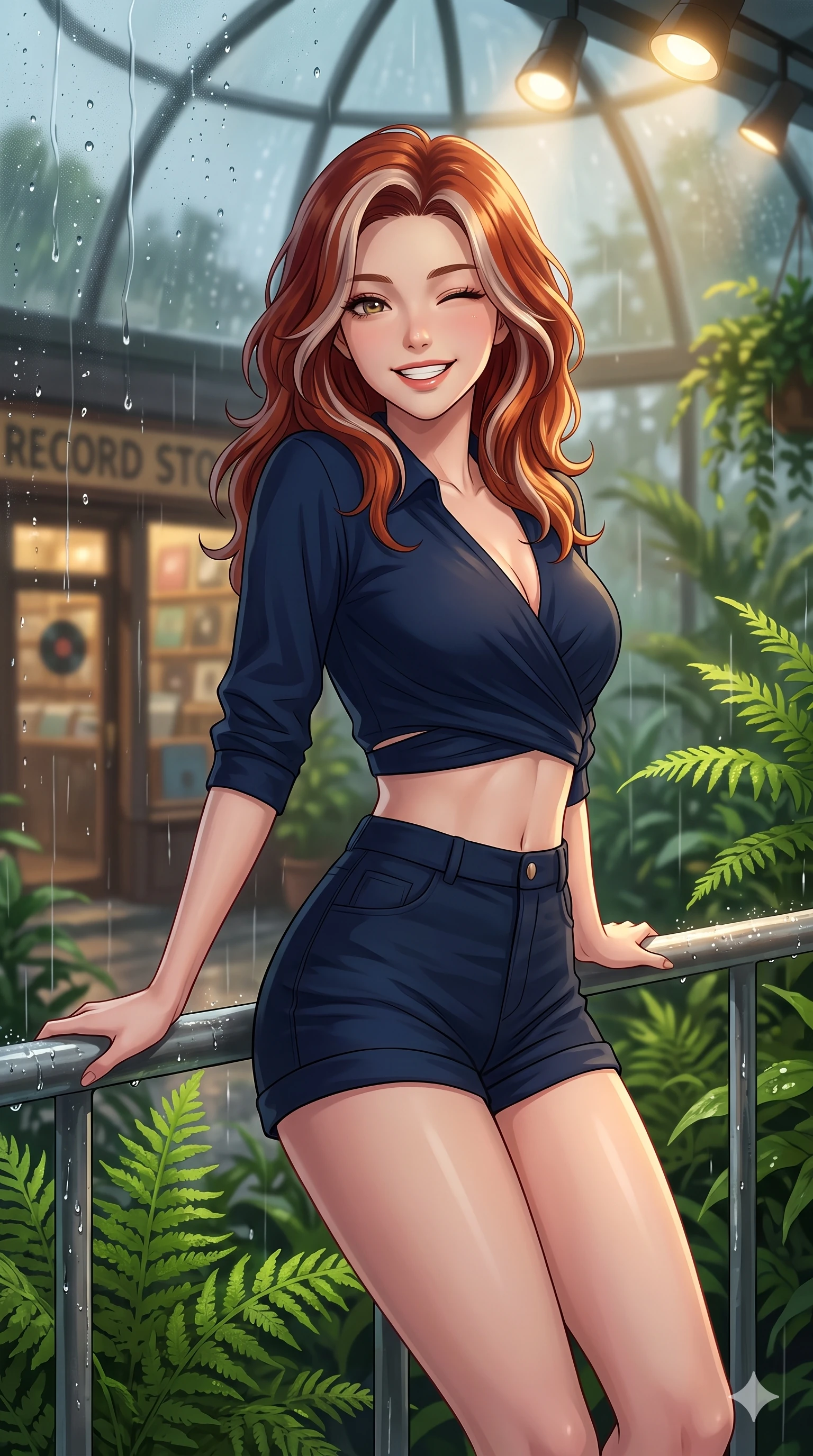 score_9, masterpiece, best quality, ultra-detailed, high-budget anime keyframe, vibrant anime aesthetic, Caucasian woman, strictly human ears. close-up cowboy shot from the waist and thighs up, the character dominates the composition, filling the frame with her large presence, background elements kept in soft focus. She is leaning back on a wet, rain-slicked railing, winking and smiling delightfully, with a bright, joyful gaze standing amidst vibrant green ferns. by the window of a cozy vintage record store, looking at the street through rain-streaked window panes (Code-P22-093). She has an absolutely perfect proportion, an exceptionally elegant and slender female figure with an ultra-slim waist. V-shaped jawline, high-bridge nose, intricate jewel-like eyes with depth, thick eyelashes, glossy lips with a natural sheen. wearing a cropped wrap shirt and high-waisted shorts in midnight blue. She is illuminated by warm overhead spotlights inside the plant conservatory dome, casting soft shadows that enhance her features inside the glass pavilion. 2k, ultra detail, master piece, 9:16 ratio
