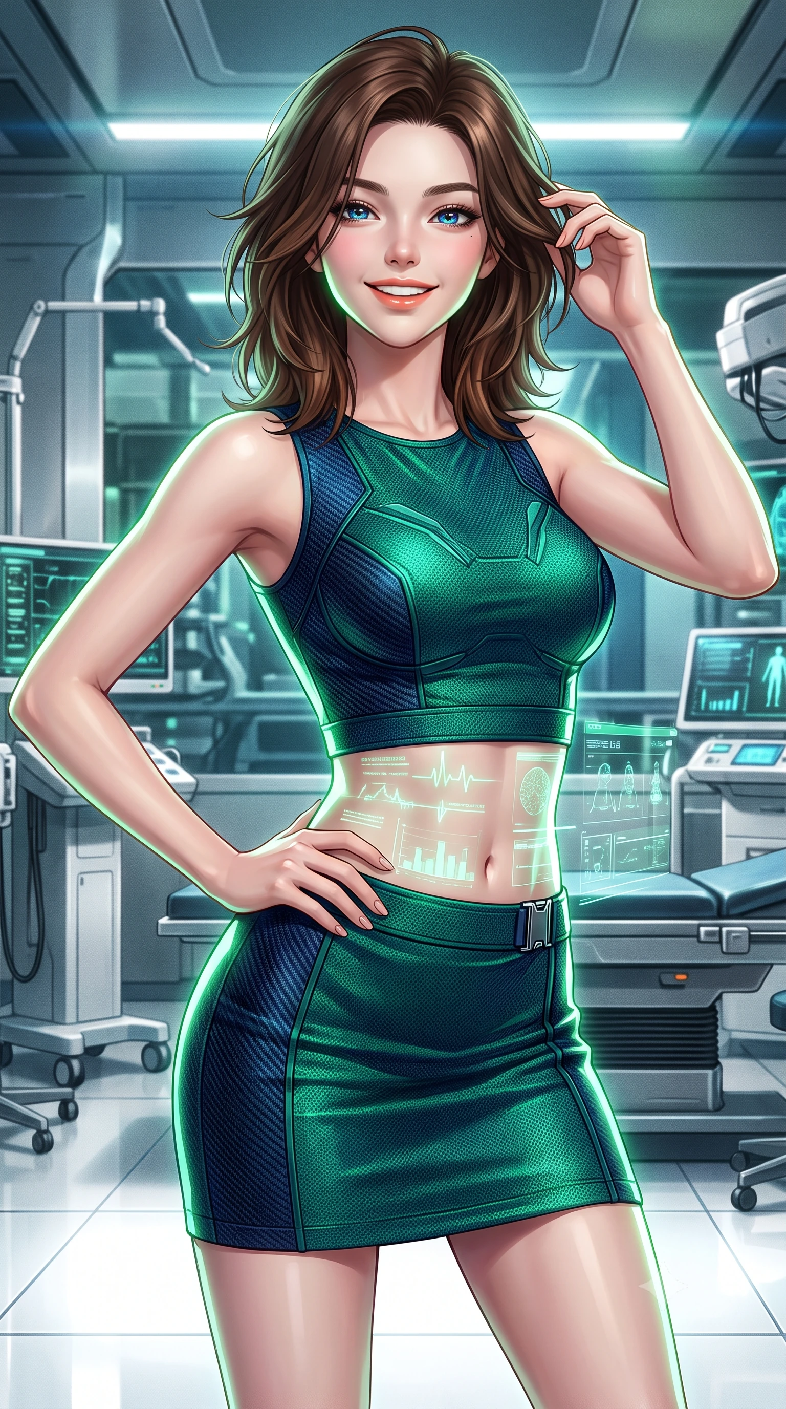 score_9, masterpiece, best quality, ultra-detailed, high-budget anime keyframe, semi-realistic 3D game render, editorial fashion photography, tasteful artistic composition, Korean woman. close-up cowboy shot from the waist and thighs up, the character dominates the composition, filling the frame with her large presence. twisting her slender torso in an alluring contrapposto stance, one hand resting on her sculpted hip while her fingers toy with her hair with effortless poise while twisting her slender torso in an alluring S-curve, soft mint-green neurological telemetry streams projecting holographic charts across her flat midriff and hips. The surrounding environment is rendered in vivid detail and crisp panoramic clarity: detailed tactical officer dress lines, glossy highlights, and world-class medical tech aesthetics in high resolution. She has an exceptionally elegant, slender, and willowy female figure with an ultra-slim waist, flat toned midriff, narrow ribcage, and sculpted feminine hips creating an alluring, slim hourglass silhouette without bulk. sharp v-shaped jawline, high-bridge nose, intricate jewel-like sparkling eyes with depth, thick eyelashes, glossy parted lips with a natural peach sheen, bright cheerful beaming smile with an enchanting and coquettish sensual glint, exuding both youthful cute charm and seductive allure, flawlessly proportioned anatomical accuracy, strict slender model proportions, natural body alignment, perfectly sculpted long slender limbs, ultra-slim waistline, clean dynamic posture without body distortion. wearing a dense bandage-knit tactical officer dress with subtle geometric chest accents contouring her delicate ribcage and feminine hips in bioluminescent emerald and abyssal sapphire, woven from structured carbon-fiber jacquard with rich textural depth, finished with sleek magnetic buckle closures fluttering in the breeze, the bespoke structured tailoring following the natural line of her 8.5-heads silhouette with refined elegance. illuminated by white floor reflection bounce and sharp platinum-green rim lights defining her jawline, narrow waist, and curvy hips. highly saturated vibrant anime colors, detailed shading with soft gradients, rich glossy textures, high-contrast stereoscopic depth, volumetric dynamic lighting, master piece, 9:16 ratio