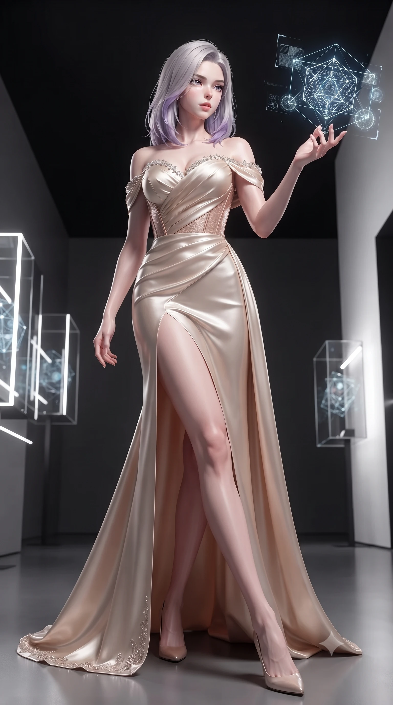 score_9, masterpiece, best quality, ultra-detailed, high-budget anime keyframe, editorial fashion photography, tasteful artistic composition, Caucasian woman. low angle full-body shot from head to toe showing her feet, filling the entire 9:16 vertical frame with her statuesque presence, stretching her vertical silhouette. pivoting dynamically with supreme athletic balance and poise, her impossibly long slender legs creating a breathtaking line while reaching out one manicured hand to interact with a floating holographic geometry display with an intrigued expression. The surrounding environment is rendered in vivid detail and crisp panoramic clarity. ultra-modern minimalist gallery chiaroscuro and precision-engineered light art aesthetics in sharp focus. She has an absolutely perfect, statuesque 8.5-heads proportion, an exceptionally tall and slender model-like female figure with impossibly long slender legs, a toned flat midriff, and an ultra-slim waist. sharp v-shaped jawline, high-bridge nose, intricate jewel-like eyes with depth, thick eyelashes, glossy lips with a natural sheen, captivating and magnetic expression, flawlessly proportioned anatomical accuracy, strict slender model proportions, natural body alignment, perfectly sculpted long slender limbs, ultra-slim waistline, clean dynamic posture without body distortion. wearing a statuesque off-shoulder champagne satin gala dress featuring a thigh-high side slit and draped corset bodice in champagne ivory and rose gold, tailored from ultra-smooth duchess satin with a pearlescent sheen, finished with delicate crystal embroidery along the neckline and hem edition #27, the liquid-tight tailored fabric emphasizing every curve of her tall, slender model proportions and sculptured silhouette during dynamic movement. illuminated by clean geometric specular highlights tracing her sculpted torso and legs. ultra-reflective glossy finish, specular highlights, rich textural contrasts, high-contrast stereoscopic depth, volumetric dynamic lighting, 2k, ultra detail, master piece, 9:16 ratio