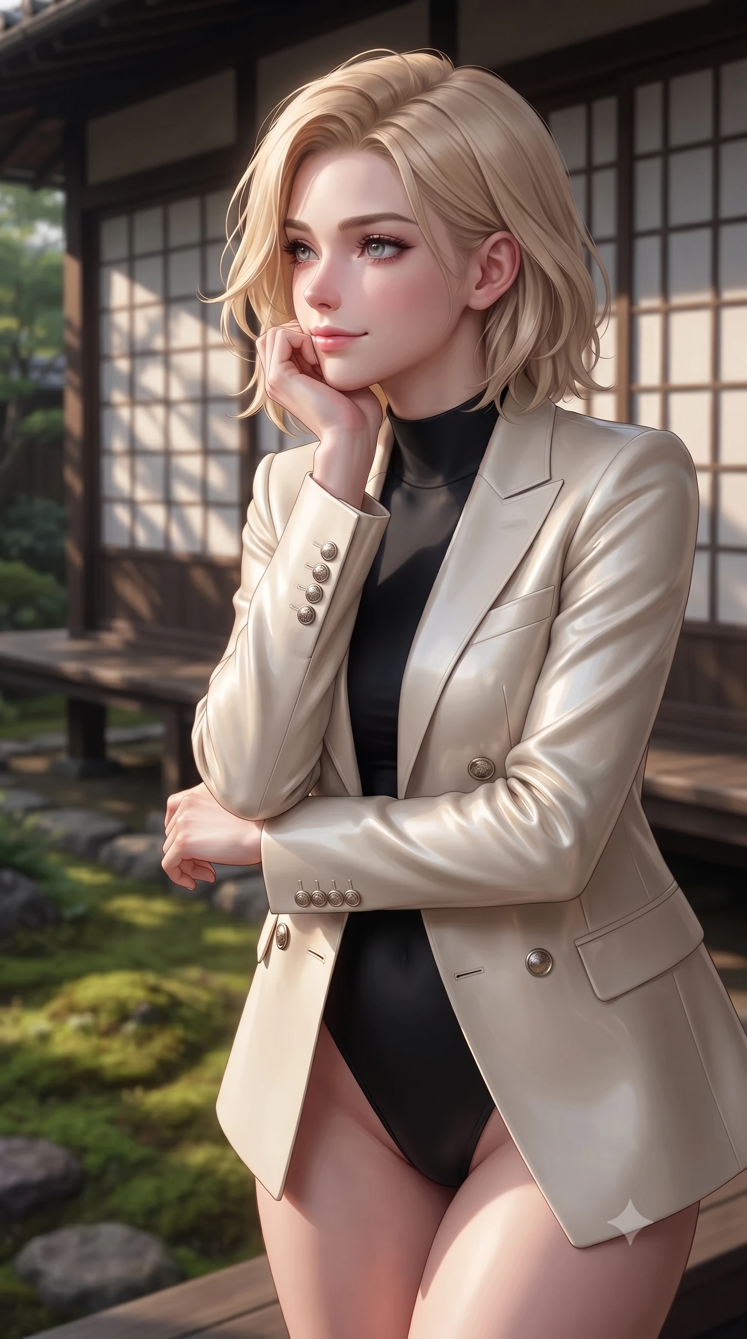 score_9, masterpiece, best quality, ultra-detailed, high-budget anime keyframe, editorial fashion photography, tasteful artistic composition, Caucasian woman woman. close-up cowboy shot from the waist and thighs up, the character dominates the composition, filling the frame with her large presence, background elements kept in soft focus. resting her chin on her hand, looking out at the beautiful scenery with a soft smile the background shows a soft-focus a wooden veranda (engawa) of a traditional Japanese house facing a serene moss garden. She has an exceptionally elegant, slender, and willowy female figure with an ultra-slim waist, a gracefully sculpted slender torso, and a refined silhouette. sharp v-shaped jawline, high-bridge nose, intricate jewel-like eyes with depth, thick eyelashes, glossy lips with a natural sheen. wearing a form-contouring sleek tailored double-breasted blazer in cream, worn closed over a tight black bodysuit. soft late afternoon sunrays casting long wooden frame shadows on the paper screens. ultra-reflective glossy finish, specular highlights, metallic sheen, high-contrast stereoscopic depth, volumetric dynamic lighting, 2k, ultra detail, master piece, 9:16 ratio