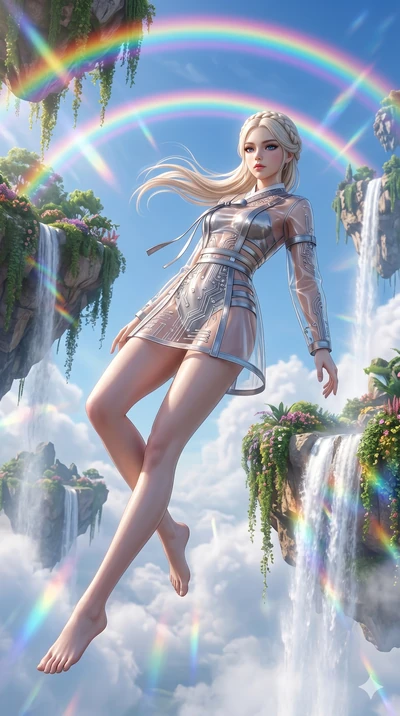 score_9, masterpiece, best quality, ultra-detailed, Set A: Photorealistic 8k CG, Japanese woman. Low angle cowboy shot filling the entire 9:16 frame with her statuesque presence. Gracefully falling through a sky of floating islands and waterfalls und
