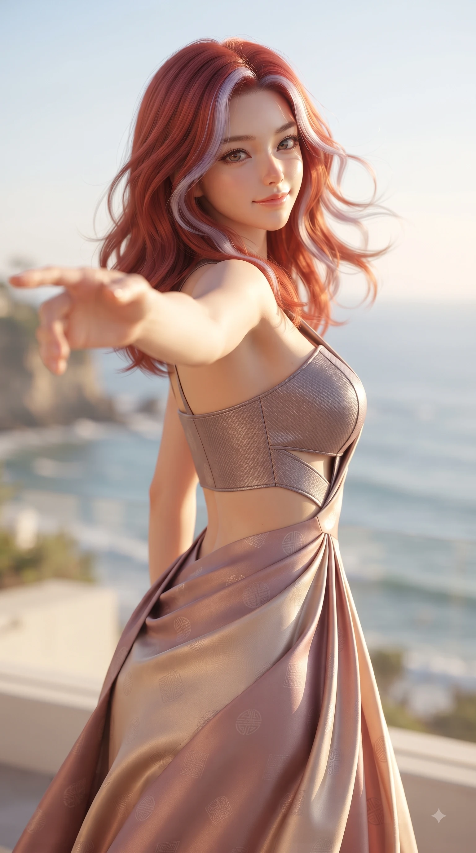 score_9, masterpiece, best quality, ultra-detailed, high-budget anime keyframe, editorial fashion photography, tasteful artistic composition, Caucasian woman. close-up cowboy shot from the waist and thighs up, the character dominates the composition, filling the frame with her large presence, background elements kept in soft focus. Enchanting happy smile, her eyes twinkling like jewels in the bright sunlight as one arm reaches out playfully while reaching her arm out toward the ocean breeze while looking back with a warm delightful smile, fresh sea breezes swaying her lightweight resort gown into fluid, uplifting motions. She has an exceptionally elegant, slender, and willowy female figure with an ultra-slim waist, a gracefully sculpted slender torso, and a refined silhouette. sharp v-shaped jawline, high-bridge nose, intricate jewel-like eyes with depth, thick eyelashes, glossy lips with a natural sheen, flawlessly proportioned anatomical accuracy, natural body alignment, perfectly sculpted elegant limbs, clean dynamic posture without body distortion. wearing a modern fusion silk hanbok dress with a structured bodice and flowing skirt in dusty rose and champagne gold, made of fine carbon-fiber weave and soft matte leather, featuring subtle geometric cutouts that highlight her ultra-slim midriff, the elegant draped fit framing her graceful clavicle and slender torso. illuminated by warm golden sunlight with soft terracotta ambient fill. ultra-reflective glossy finish, specular highlights, metallic sheen, high-contrast stereoscopic depth, volumetric dynamic lighting, 2k, ultra detail, master piece, 9:16 ratio