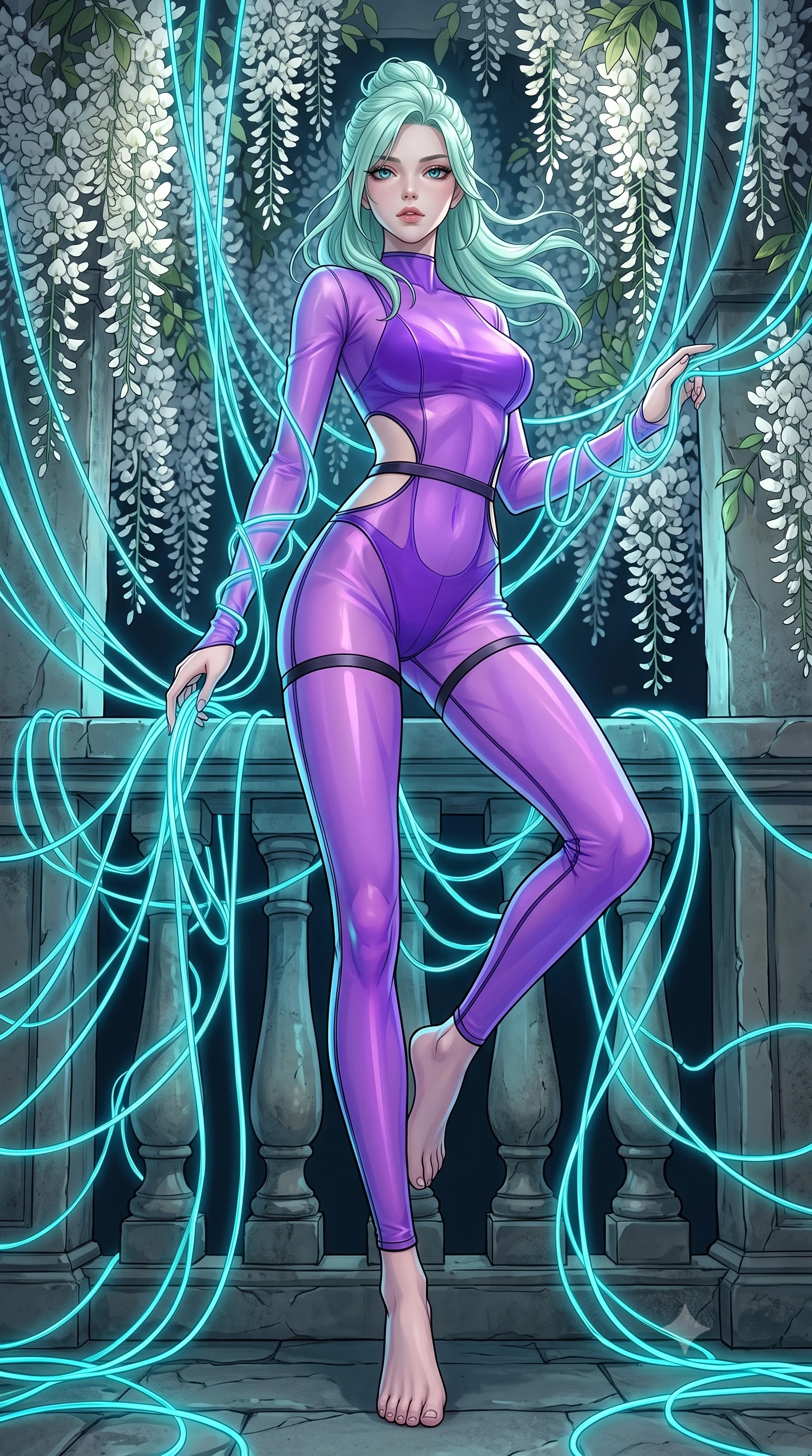 score_9, masterpiece, best quality, ultra-detailed, High-budget Anime Keyframe, East Asian woman. Low angle cowboy shot filling the entire 9:16 frame with her statuesque presence. Scenario 514: tangled in a web of glowing cyan fiber-optic cables inside a quiet balcony surrounded by trailing white wisteria flowers. Her presence is magnetic and overpowering in this high-budget anime scene. Outfit 514: a body-hugging neon violet sheer organza jumpsuit with strategic waist cut-outs and slender leg straps. The clothing is designed to emphasize her exceptionally tall and slender 8-heads proportion. 8-heads proportion, towering silhouette, ultra-slim waist. sharp v-shaped jawline, intricate jewel-like eyes with depth, thick eyelashes, glossy lips. 2k, ultra detail, master piece, 9:16 ratio