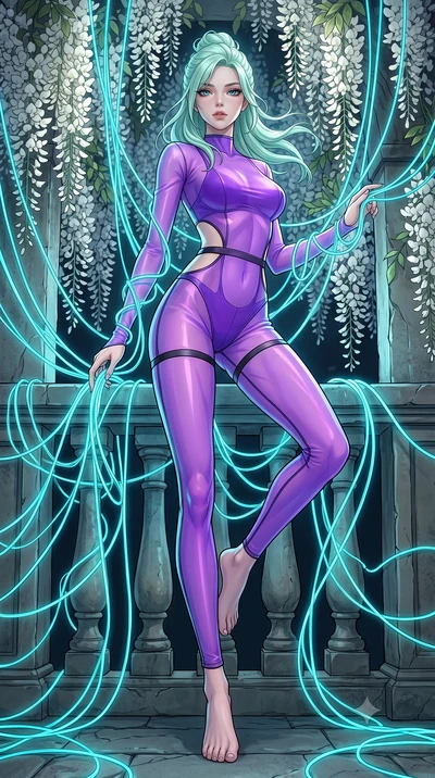 score_9, masterpiece, best quality, ultra-detailed, High-budget Anime Keyframe, East Asian woman. Low angle cowboy shot filling the entire 9:16 frame with her statuesque presence. Scenario 514: tangled in a web of glowing cyan fiber-optic cables insi