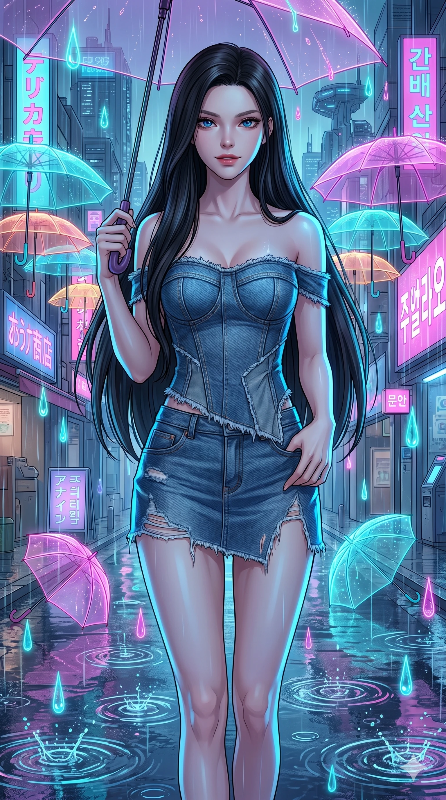 score_9, masterpiece, best quality, ultra-detailed, high-budget anime keyframe, Korean woman. upper body close-up from the thighs up, character filling the screen for maximum presence. navigating a wet neon-lit future street under colorful floating umbrellas as translucent neon raindrops fall, creating brilliant splash ripples. She has an absolutely perfect 8-heads proportion, an exceptionally tall and slender female figure with impossibly long slender legs and an ultra-slim waist. V-shaped jawline, high-bridge nose, intricate jewel-like eyes with depth, thick eyelashes, glossy lips with a natural sheen.. wearing a deconstructed denim corset and an asymmetric ripped denim micro-skirt, showcasing a rugged yet chic off-shoulder style. lit by a soft glowing ambient light and a sharp side key light that traces the sleek contours of her athletic build. 2k, ultra detail, master piece, 9:16 ratio