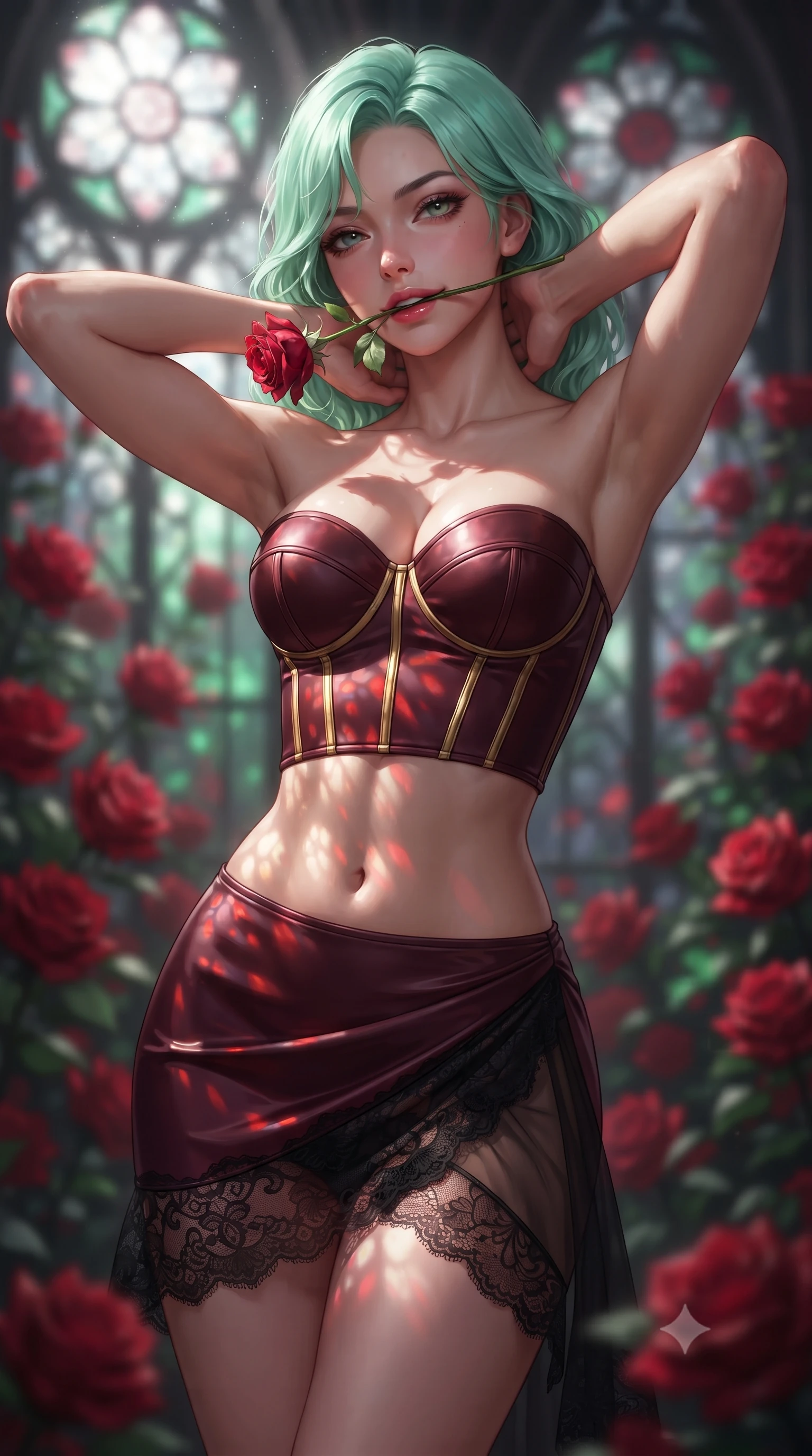 score_9, masterpiece, best quality, ultra-detailed, high-budget anime keyframe, editorial fashion photography, tasteful artistic composition, Japanese woman. close-up cowboy shot from the waist and thighs up, the character dominates the composition, filling the frame with her large presence. resting both hands lightly behind her neck with elbows raised, arching her spine to highlight her narrow waist, flat midriff, and breathtaking collarbones while twisting her slender torso in an alluring S-curve, moonlight filtering through stained glass rosettes onto her flat midriff and hips. The background shows a soft-focus cascading clusters of velvety blood-red roses, wrought-iron traceries, and moonlit glass panes blurred into crimson, emerald, and silver bokeh. She has an exceptionally elegant, slender, and willowy female figure with an ultra-slim waist, flat toned midriff, narrow ribcage, and sculpted feminine hips creating an alluring, slim hourglass silhouette without bulk. sharp v-shaped jawline, high-bridge nose, sparkling eyes with hypnotic seductive depth, thick curled eyelashes, glossy parted lips with a natural dewy peach sheen, alluring bedroom-eyes with an enchanting coquettish smile, exuding magnetic siren charisma and sophisticated glamour, flawlessly proportioned anatomical accuracy, strict slender model proportions, natural body alignment, perfectly sculpted long slender limbs, ultra-slim waistline, clean dynamic posture without body distortion. wearing a structured strapless boned neoprene bustier top paired with an ultra-short architectural wrap mini skirt in smoldering bordeaux wine and liquid gold with black chantilly lace, made of sheer gossamer chiffon that drapes softly against skin with airy translucence, accented with a single fresh-cut long-stemmed crimson rose held delicately near her parted lips, the liquid-tight tailored fabric clinging flawlessly to her narrow waist and rounded feminine hips, emphasizing every millimeter of her sculpted slim hourglass curves without any bulky heaviness. bathed in pure lunar illumination streaming through glass panes mixed with deep red stained-glass refractions. ultra-reflective glossy finish, specular highlights, rich textural contrasts, high-contrast stereoscopic depth, volumetric dynamic lighting, 2k, ultra detail, master piece, 9:16 ratio