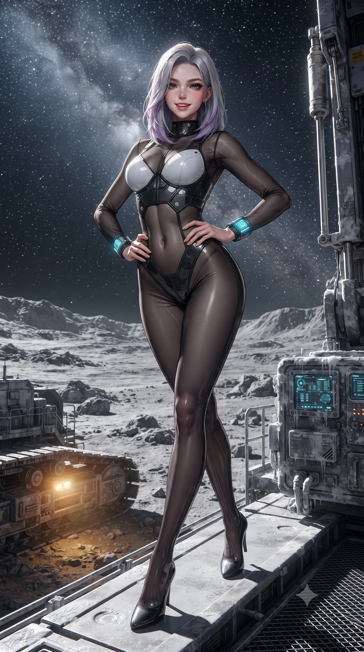 score_9, masterpiece, best quality, ultra-detailed, high-budget anime keyframe, editorial fashion photography, tasteful artistic composition, Caucasian woman. low angle full-body shot from head to toe showing her feet, filling the entire 9:16 vertical frame with her statuesque presence, stretching her vertical silhouette. sitting perched on the elevated maintenance gantry edge with legs crossed and hips angled toward the camera, displaying her toned midriff and long slender limbs with joyful, coquettish charm while standing on the open excavator gantry overlooking sulfur-crusted lunar plains under the Milky Way, arching her back with majestic poise. The surrounding environment is rendered in vivid detail and crisp panoramic clarity: sharp lunar rock textures, titanium tread track pins, and frost rime on equipment panels in deep focus. She has an absolutely perfect, statuesque 8.5-heads proportion, an exceptionally tall and slender model-like female figure with impossibly long slender legs, an ultra-slim waist, a flat toned midriff, narrow delicate ribcage, and beautifully sculpted feminine hips creating a graceful, slim hourglass silhouette without any bulky heaviness. sharp v-shaped jawline, high-bridge nose, intricate jewel-like sparkling eyes with depth, thick eyelashes, glossy parted lips with a natural sheen, bright confident smile with an enchanting and coquettish sensual glint, exuding both youthful magnetic charm and sovereign high-tech allure, flawlessly proportioned anatomical accuracy, strict slender model proportions, natural body alignment, perfectly sculpted long slender limbs, ultra-slim waistline, clean dynamic posture without body distortion. wearing a semi-translucent smoke-black mesh tactical catsuit with reinforced carbon-fiber bustier plating in dual-tone high-contrast monochrome black and stark white, crafted from lightweight aerodynamic matte carbon-fiber weave with structural stiffness, featuring sleek glowing cyan HUD display wrist cuffs with floating data telemetry, the liquid-tight tailored fabric clinging flawlessly to her narrow waist and rounded feminine hips, emphasizing every millimeter of her sculpted slim hourglass curves without any bulky heaviness. bathed in brilliant cold silver starlight from above and warm industrial sodium work-lights from below. ultra-reflective glossy finish, specular highlights, rich textural contrasts, high-contrast stereoscopic depth, volumetric dynamic lighting, 2k, ultra detail, master piece, 9:16 ratio