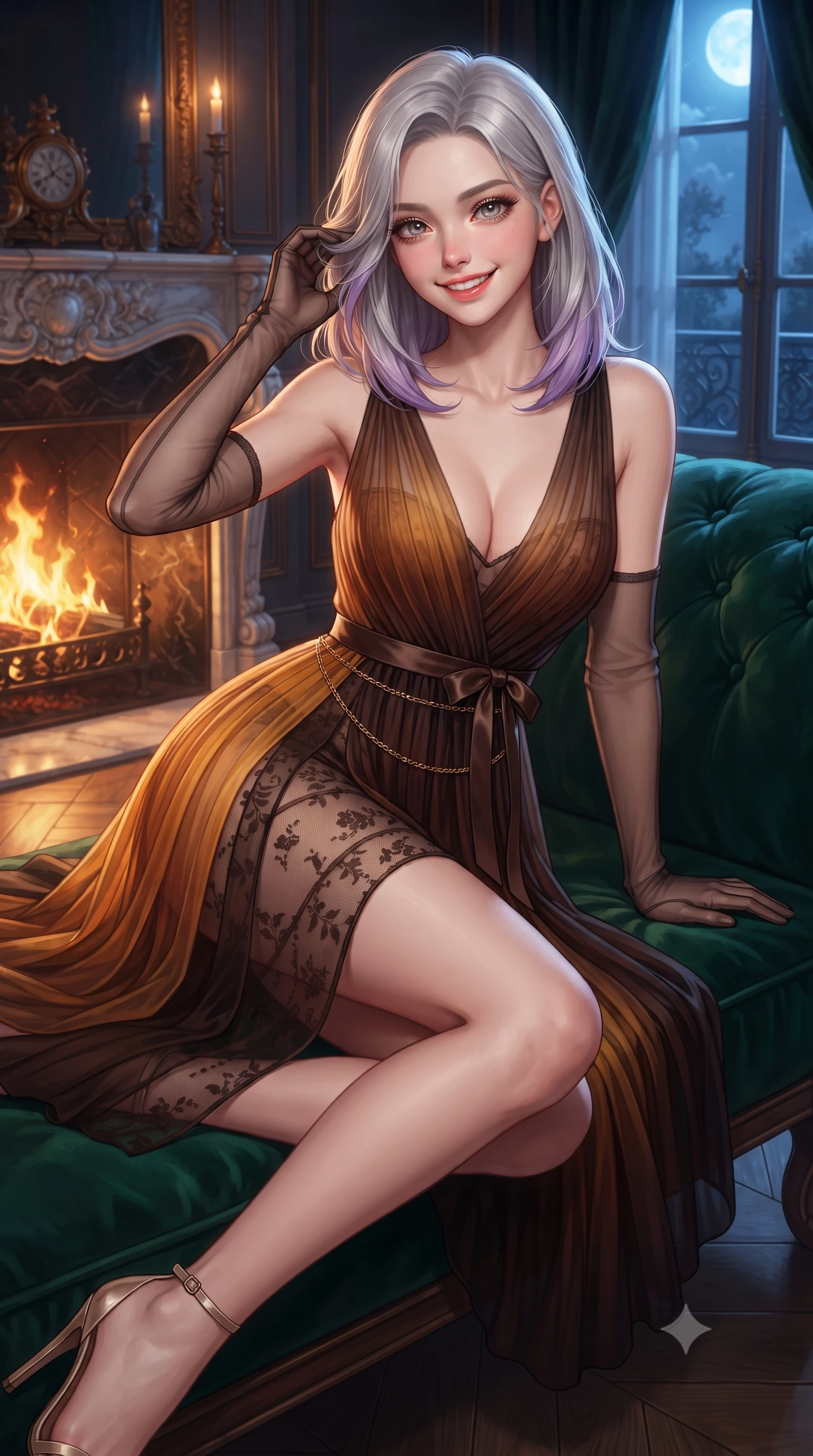 score_9, masterpiece, best quality, ultra-detailed, high-budget anime keyframe, editorial fashion photography, tasteful artistic composition, Caucasian woman. close-up cowboy shot from the waist and thighs up, the character dominates the composition, filling the frame with her large presence. gently brushing a lock of hair behind her ear while casting a playful, flirtatious side-gaze with long eyelashes while lounging gracefully across the deep emerald velvet chaise lounge with one leg extended, arching her back with effortless siren allure. The surrounding environment is rendered in vivid detail and crisp panoramic clarity: detailed sheer illusion mesh bodysuit flocking, gold waist chain shine, and historic French craftsmanship in high resolution. She has an exceptionally elegant, slender, and willowy female figure with an ultra-slim waist, flat toned midriff, narrow ribcage, and sculpted feminine hips creating an alluring, slim hourglass silhouette without bulk. sharp v-shaped jawline, high-bridge nose, intricate jewel-like sparkling eyes with depth, thick eyelashes, glossy parted lips with a natural peach sheen, bright cheerful beaming smile with an enchanting and coquettish sensual glint, exuding both youthful cute charm and seductive allure, flawlessly proportioned anatomical accuracy, strict slender model proportions, natural body alignment, perfectly sculpted long slender limbs, ultra-slim waistline, clean dynamic posture without body distortion. wearing a sheer pleated chiffon baby-doll dress with a plunging sweetheart neckline and satin ribbon waist tie in Hannam-dong glowing amber and rich dark espresso, crafted from fluid liquid silk satin that clings smoothly to her narrow waist and rounded hips with a dewy sheen, complemented by sheer opera-length evening gloves tracing her slender arms, the glove-like clinging cut tightly following the natural contour of her hips and long slender legs with youthful 8.5-heads elegance. bathed in the warm dancing 2200K amber glow of the roaring marble fireplace contrasted with cool blue midnight window light. ultra-reflective glossy finish, specular highlights, rich textural contrasts, high-contrast stereoscopic depth, volumetric dynamic lighting, 2k, ultra detail, master piece, 9:16 ratio
