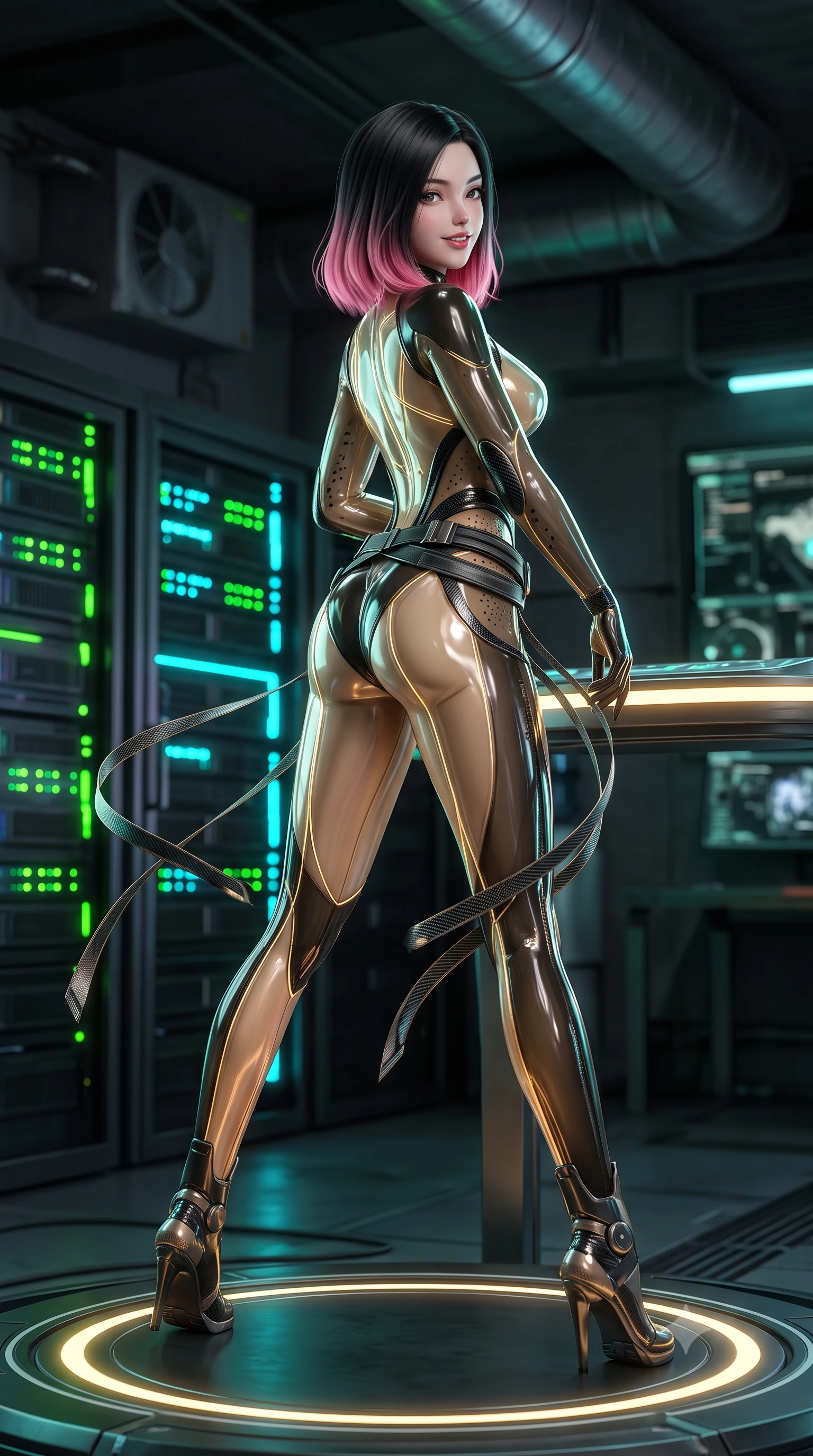 score_9, masterpiece, best quality, ultra-detailed, high-budget anime keyframe, semi-realistic 3D game render, editorial fashion photography, tasteful artistic composition, Korean woman. low angle full-body shot from head to toe showing her feet, filling the entire 9:16 vertical frame with her statuesque presence, stretching her vertical silhouette. executing a cheerful mid-motion pivot turn as her tactical belt and ribbons flutter around her slender legs, glancing over her shoulder with an intoxicating, teasing bedroom-gaze while leaning against the circular tactical holotank console with hips cocked back, looking over her shoulder with a sharp, devastating bedroom-gaze. The background shows a soft-focus flickering server rack LED indicators and industrial ventilation ducts softened in tactical cyberpunk shallow focus. She has an absolutely perfect, statuesque 8.5-heads proportion, an exceptionally tall and slender model-like female figure with impossibly long slender legs, an ultra-slim waist, a flat toned midriff, narrow delicate ribcage, and beautifully sculpted feminine hips creating a graceful, slim hourglass silhouette without any bulky heaviness. sharp v-shaped jawline, high-bridge nose, intricate jewel-like sparkling eyes with depth, thick eyelashes, glossy parted lips with a natural sheen, bright confident smile with an enchanting and coquettish sensual glint, exuding both youthful magnetic charm and sovereign high-tech allure, flawlessly proportioned anatomical accuracy, strict slender model proportions, natural body alignment, perfectly sculpted long slender limbs, ultra-slim waistline, clean dynamic posture without body distortion. wearing a translucent high-gloss polymer flight suit with internal luminescent wire filigree and tailored waist cinching in glossy onyx black and warm champagne gold hardware, made of high-grade ballistic nylon with precision laser-cut perforations, finished with delicate carbon-fiber boning framing the narrow waistline, the aerodynamic second-skin silhouette tightly following the natural contour of her hips and long slender legs with youthful 8.5-heads elegance. bathed in moody neon green and laser cyan terminal light contrasting with deep industrial shadows. highly saturated vibrant anime colors, detailed shading with soft gradients, rich glossy textures, high-contrast stereoscopic depth, volumetric dynamic lighting, master piece, 9:16 ratio