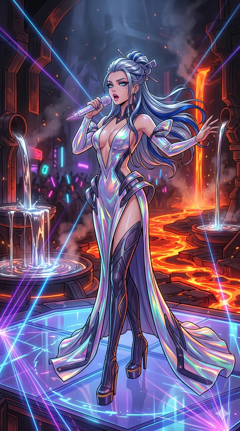 score_9, masterpiece, best quality, ultra-detailed, high-budget anime movie keyframe, cinematic anime lighting, intricate line art, Caucasian (strictly human ears) anime girl. Medium shot of upper body capturing the intricate details of her high-fashion attire. singing on a laser stage in a volcanic lava forge with liquid mercury fountains. She has an absolutely perfect 8-heads proportion, an exceptionally tall and slender female figure with an ultra-slim waist and impossibly long slender legs. sharp v-shaped jawline, high-bridge nose, intricate jewel-like eyes, thick eyelashes, glossy lips. Wearing avant-garde high-fashion gown made of iridescent vinyl with a dangerously high side slit and a plunging neckline, revealing an ultra-slim waist and long slender legs. The scene is illuminated by dramatic atmospheric lighting and vibrant color palettes. 2k, ultra detail, master piece, 9:16 ratio