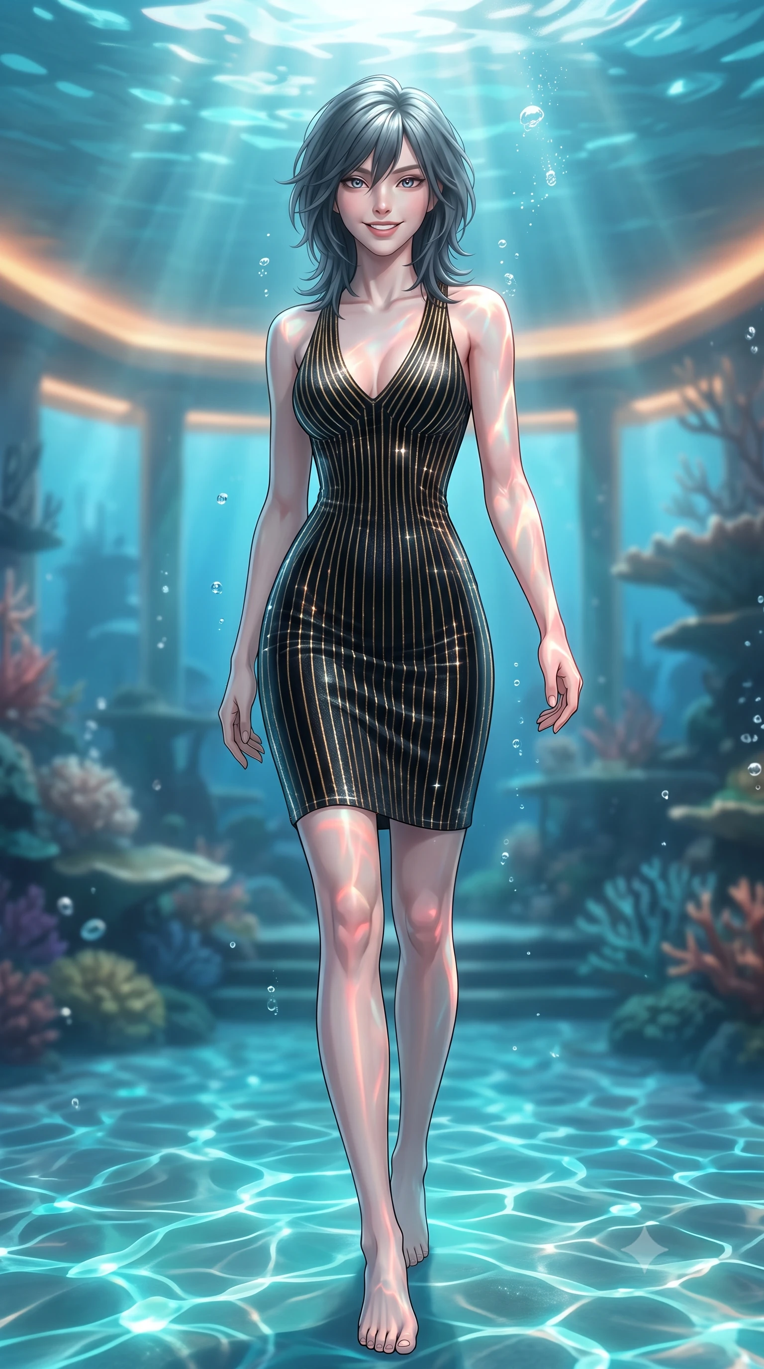 score_9, masterpiece, best quality, ultra-detailed, high-budget anime keyframe, editorial fashion photography, tasteful artistic composition, Caucasian woman. low angle full-body shot from head to toe showing her feet, filling the entire 9:16 vertical frame with her statuesque presence, stretching her vertical silhouette. stepping slowly toward the camera with hypnotic grace, hips swaying in an alluring sensual rhythm that accentuates her curvy hourglass silhouette and long slender legs while twisting her slender torso in an alluring S-curve, rippling turquoise sunbeams and neon coral glow painting sensual light ribbons across her flat midriff and hips. The background shows a soft-focus sunlight caustics filtering through 20 meters of crystal-clear ocean softened in submerged coral pavilion shallow focus. She has an exceptionally tall and slender model-like 8.5-heads proportion, an ultra-slim waist, a flat toned midriff, narrow delicate ribcage, and beautifully sculpted feminine hips creating a graceful, slim hourglass silhouette without any bulky heaviness, with impossibly long slender legs. sharp v-shaped jawline, high-bridge nose, intricate jewel-like sparkling eyes with depth, thick eyelashes, glossy parted lips with a natural peach sheen, bright cheerful beaming smile with an enchanting and coquettish sensual glint, exuding both youthful cute charm and seductive allure, flawlessly proportioned anatomical accuracy, strict slender model proportions, natural body alignment, perfectly sculpted long slender limbs, ultra-slim waistline, clean dynamic posture without body distortion. wearing a tailored velvet bodycon dress with metallic fiber pinstripes following her statuesque 8.5-heads silhouette in singularity accretion gold and deep space void black, woven from stretch metallic lurex jersey casting radiant starlight glints across her curves, finished with sleek magnetic buckle closures fluttering in the breeze, the second-skin tailored fabric adhering flawlessly to her sculpted flat midriff and slender torso, emphasizing her long leg lines and perfectly proportioned willowy build. bathed in the glowing natural fluorescence of deep corals combined with warm 2500K interior recessed cove lighting. ultra-reflective glossy finish, specular highlights, rich textural contrasts, high-contrast stereoscopic depth, volumetric dynamic lighting, 2k, ultra detail, master piece, 9:16 ratio