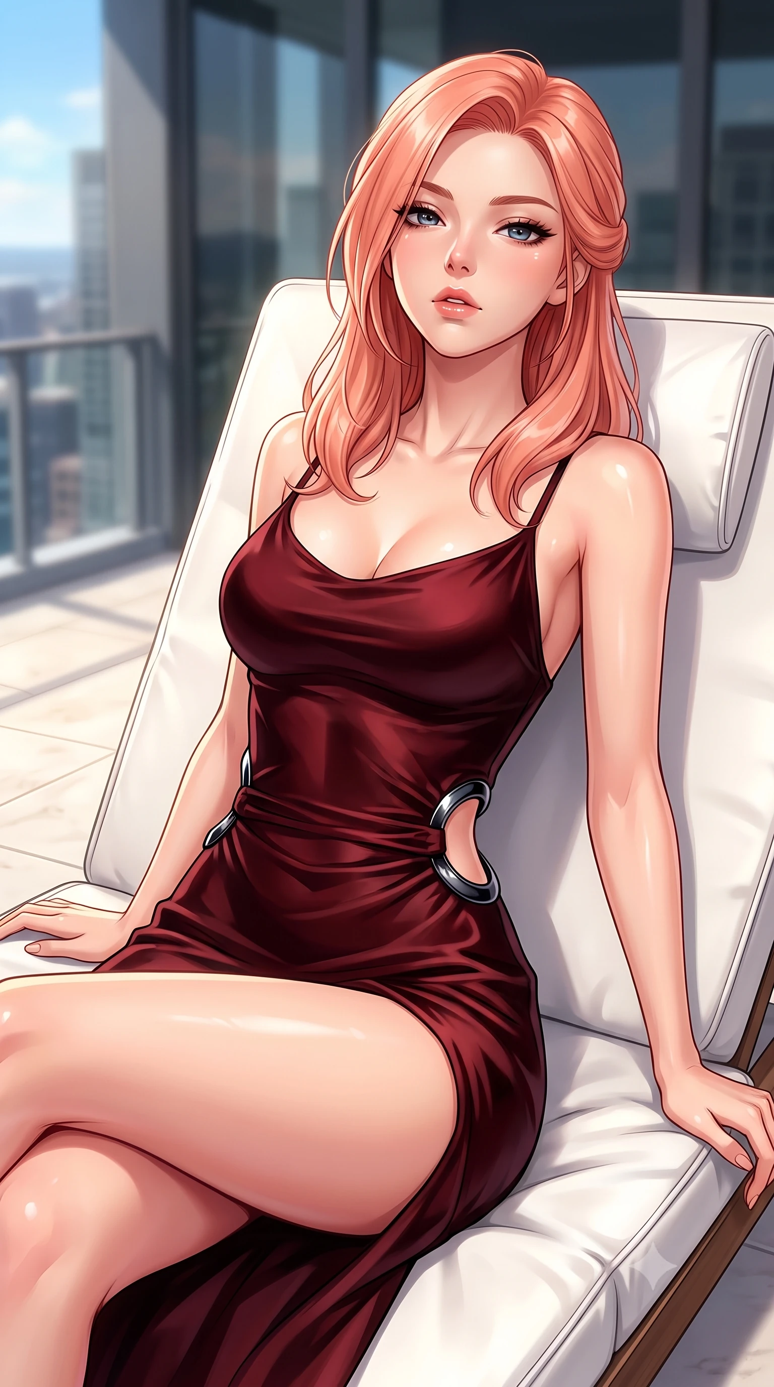 score_9, masterpiece, best quality, ultra-detailed, high-budget anime keyframe, editorial fashion photography, tasteful artistic composition, Japanese woman. close-up cowboy shot from the waist and thighs up, the character dominates the composition, filling the frame with her large presence, background elements kept in soft focus. Tilting her chin up slightly with lips parted in a composed, magnetic expression, lounging on a white leather sunbed on a high-floor penthouse terrace at midday, dewy natural skin finish with glossy lips and thick dark lashes. She has an exceptionally elegant, slender, and willowy female figure with an ultra-slim waist, a gracefully sculpted slender torso, and a refined silhouette. sharp v-shaped jawline, high-bridge nose, intricate jewel-like eyes with depth, thick eyelashes, glossy lips with a natural sheen. wearing form-contouring dark crimson liquid silk long slip dress in dark mahogany, made of sculpted obsidian metallic chrome, accented with sculpted obsidian chrome rings at the waist, the fitted fabric emphasizing her ultra-slim waist. illuminated by clear natural daylight and warm fill light from white stone. highly saturated vibrant anime colors, detailed shading with soft gradients, rich glossy textures, high-contrast stereoscopic depth, volumetric dynamic lighting, master piece, 9:16 ratio